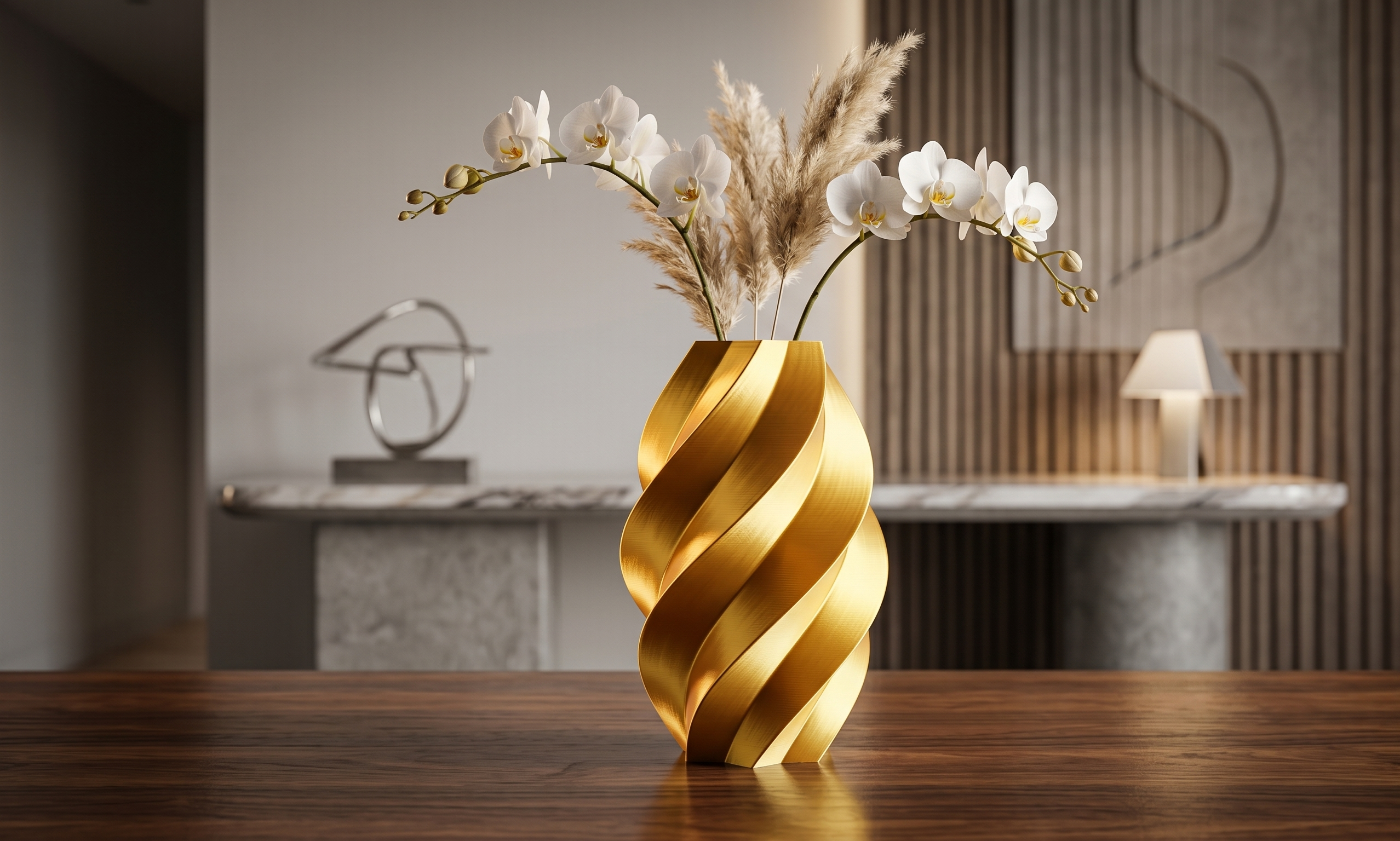 Elegant Gold Spiral 3D Printed Vase