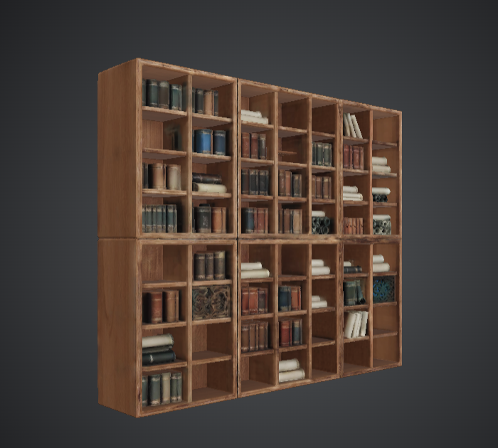 Modular Wooden Bookshelf Wall with Books and Scrolls – Library Scenery