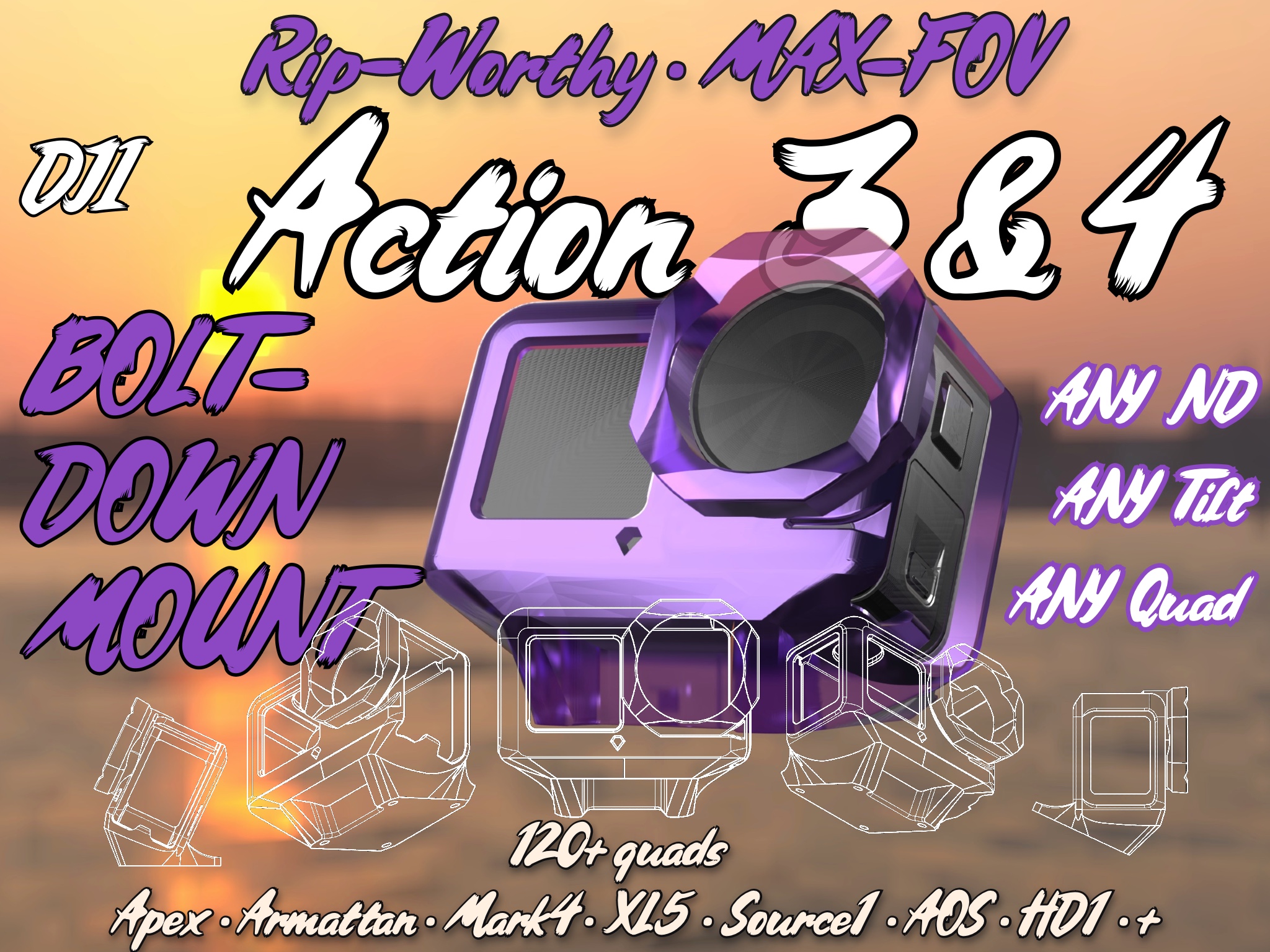 FPV Mount for Action 3 + 4 + 5, DJI TPU Drone Mounts, Max FOV