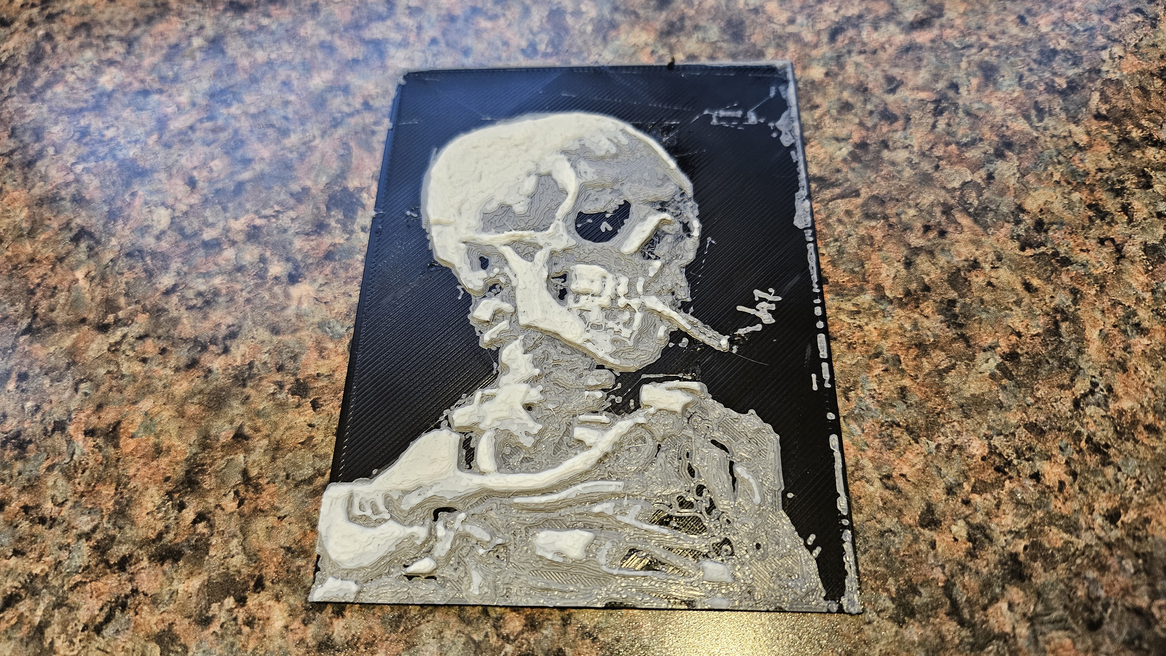 "Skull of a Skeleton with Burning Cigarette" 3D Printed Painting