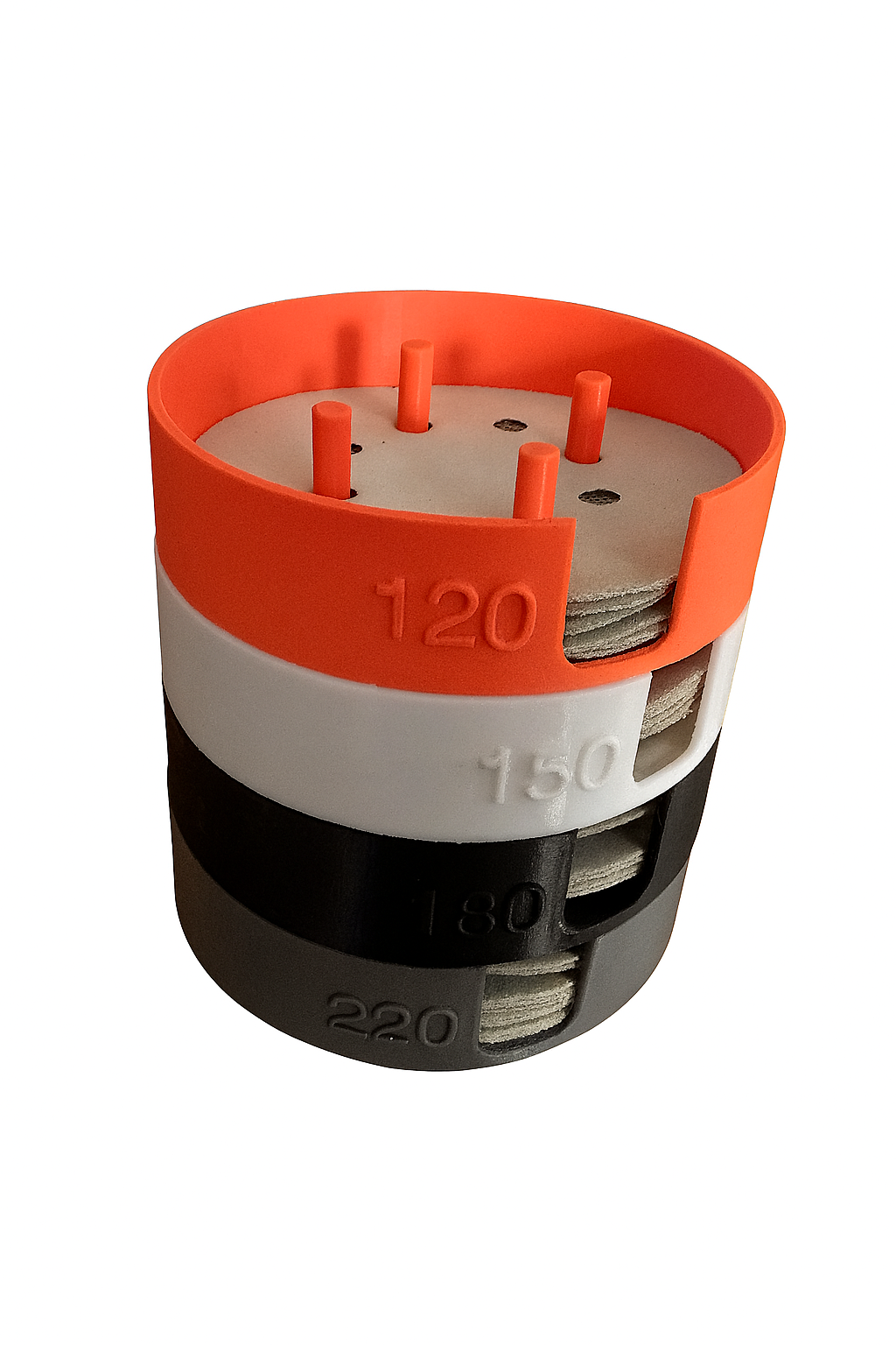 Stackable Sanding disc holders w/ alignment posts
