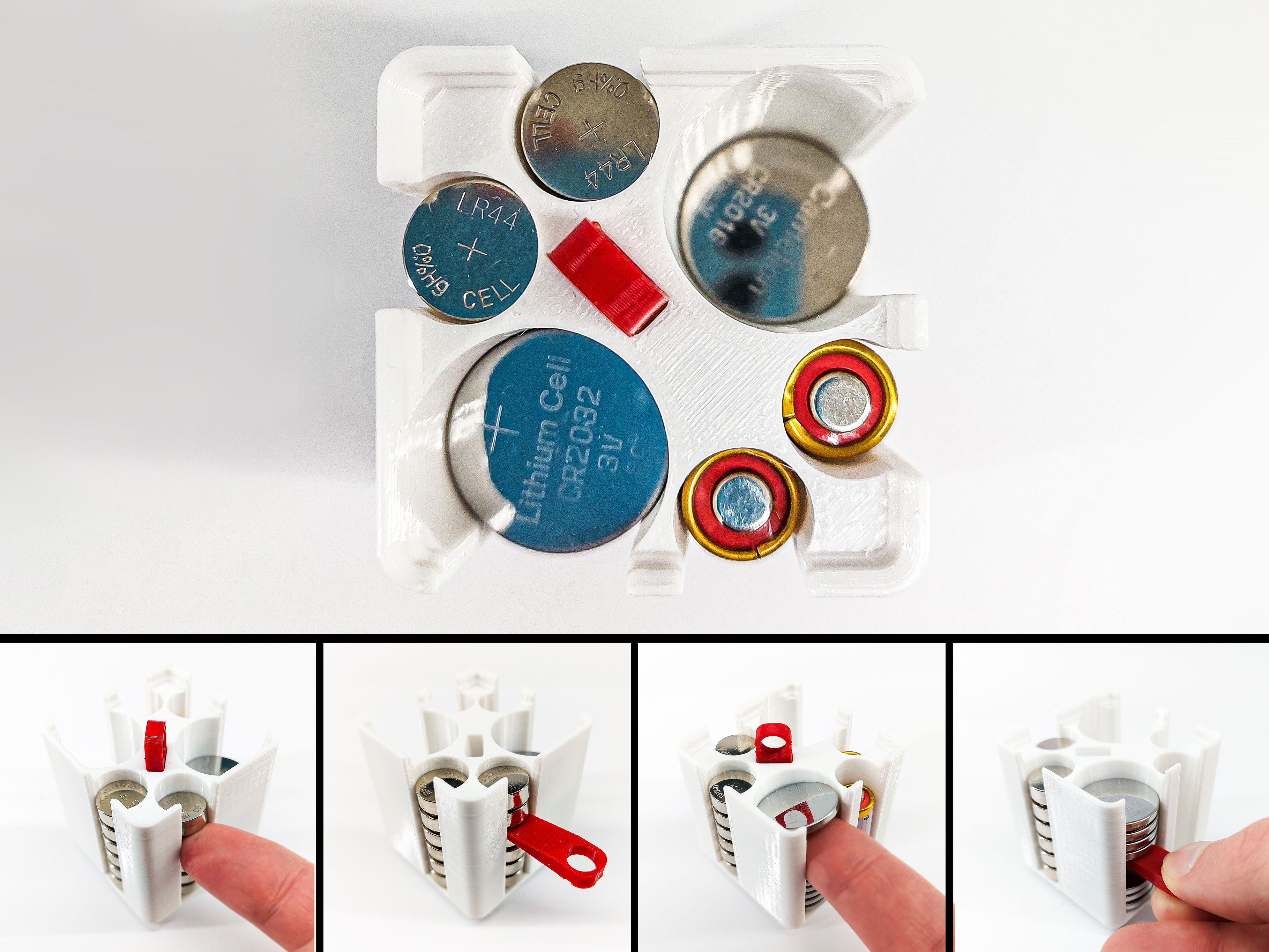 [gridfinity] Coin Cell Battery Box: EASY REMOVAL/ADDING with finger or wedge (CR2032/CR2016, 357/303/SR44, A23/MN21/AAA)