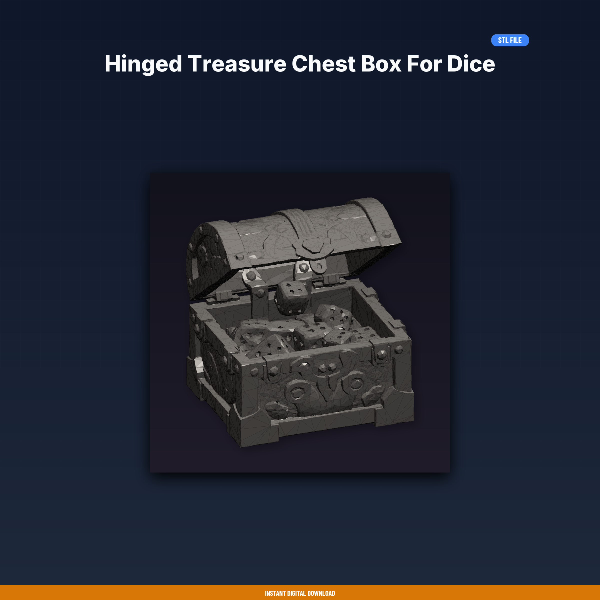Hinged Treasure Chest Box For Dice Storage, Ornate Metal Look, - 3D Printable STL File
