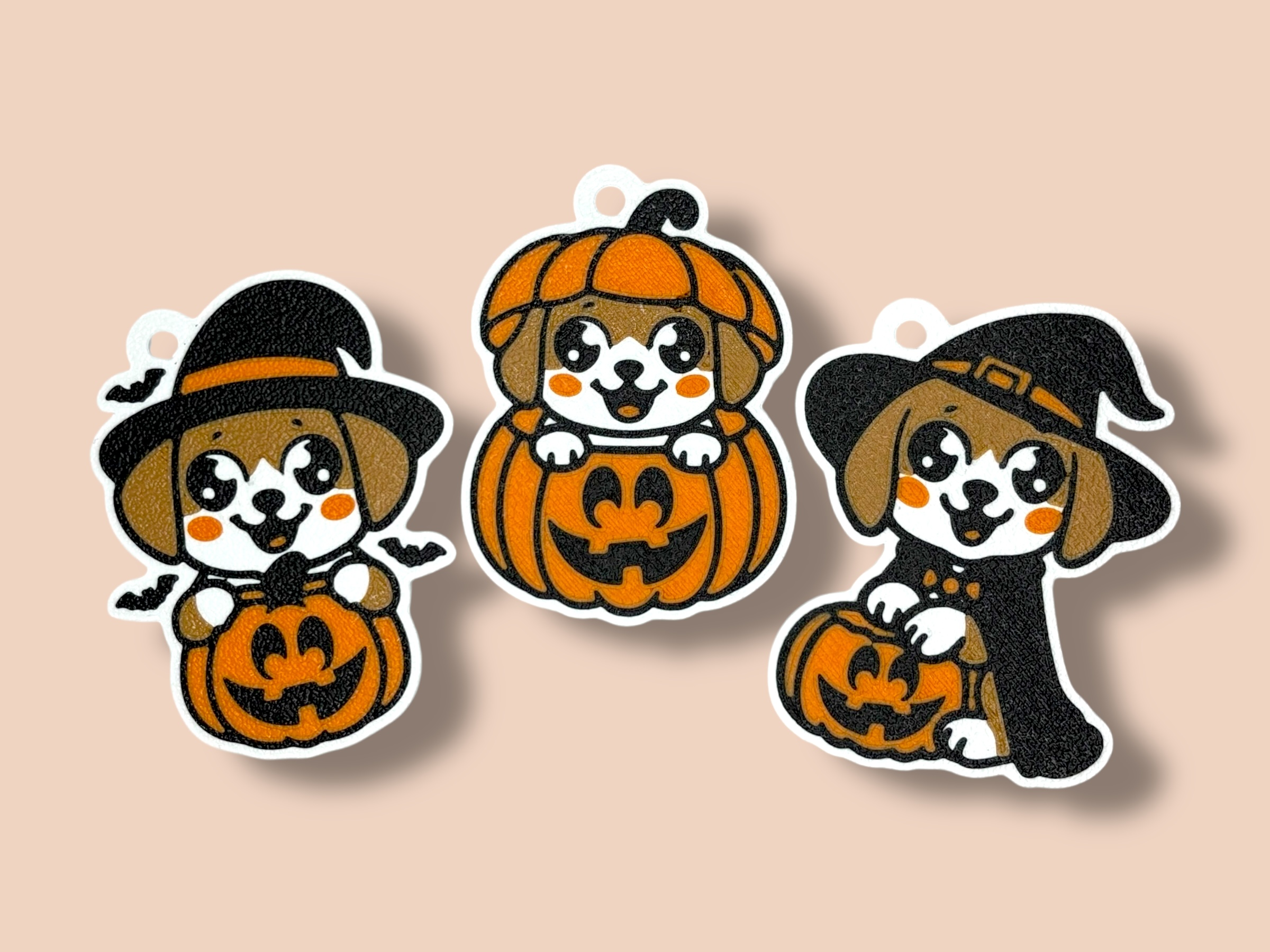 Halloween Puppy Keychain Set – Cute Dog with Pumpkin & Witch Hat – Fall Pet Lover Gift