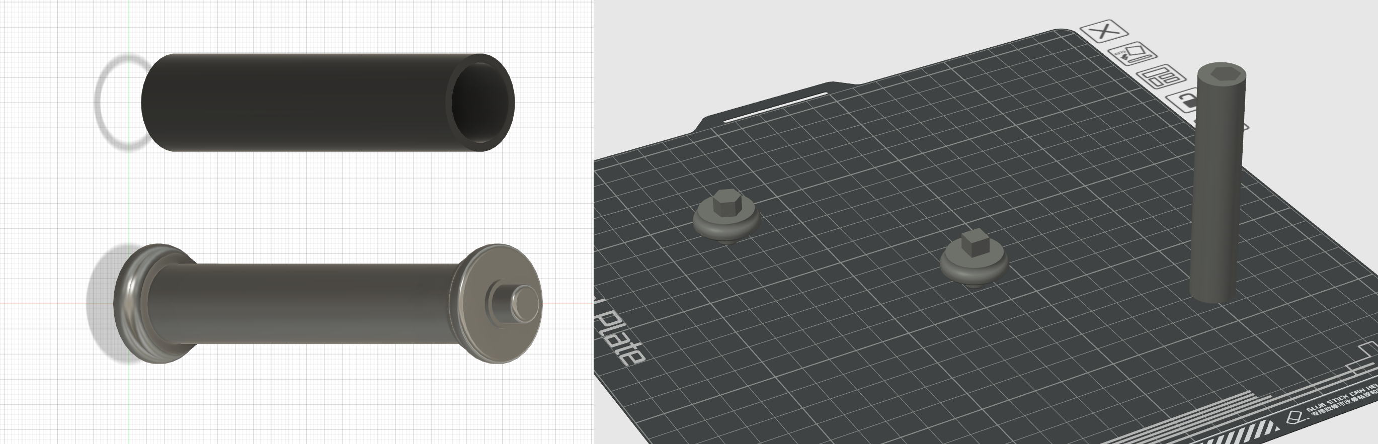 Spool holder / cap and lid for locking rod with bearinggs in place. Rod with TPU cover.