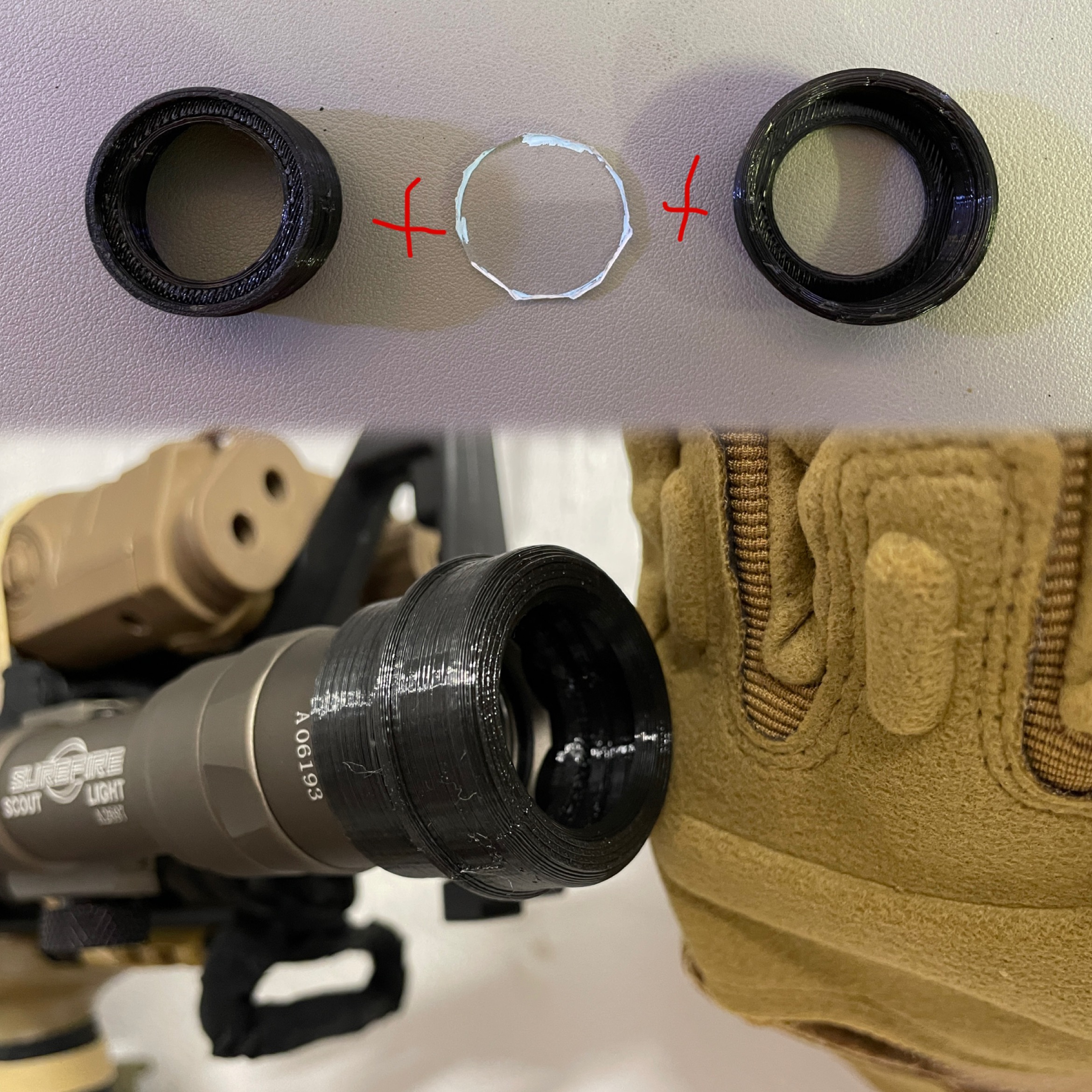 SureFire M300 cover for installing a protective, IR, or color filter. Fusion 360 model for customizing the size of your insert.