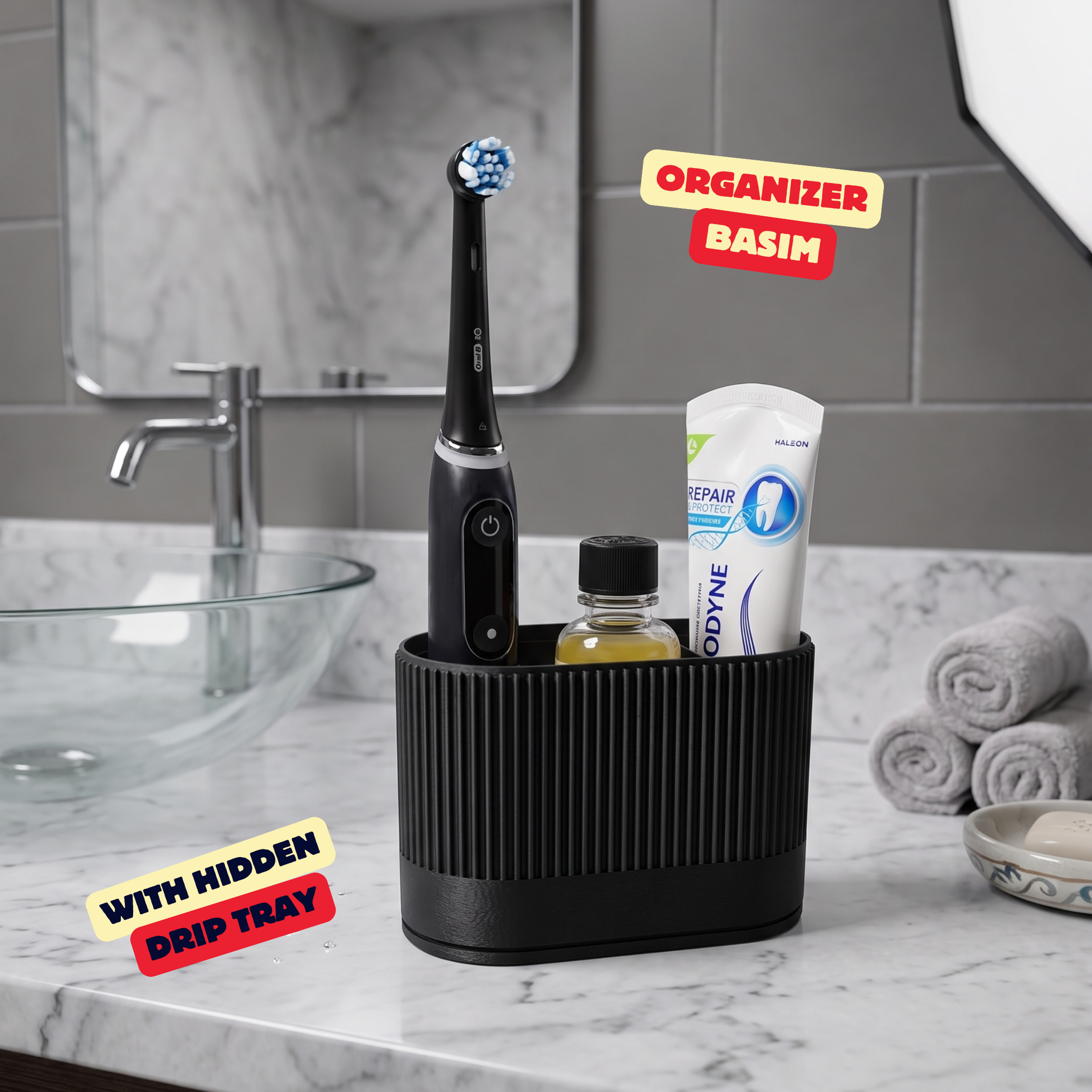 BASIM (LONG ROUNDED) - MODERN ORGANIZER WITH HIDDEN DRIP TRAY / KITCHEN ORGANIZER / BATHROOM ORGANIZER