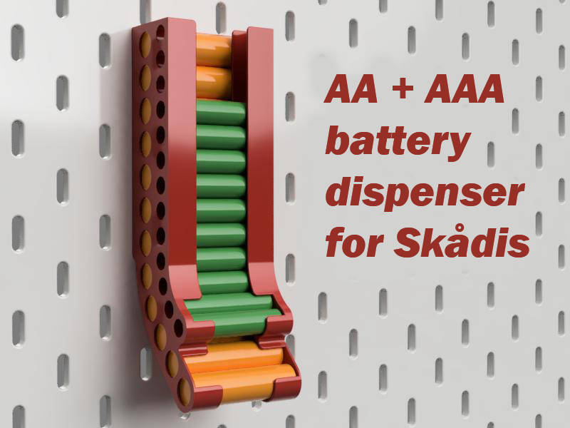 Battery holder for AA+AAA, Skadis mounted dispenser