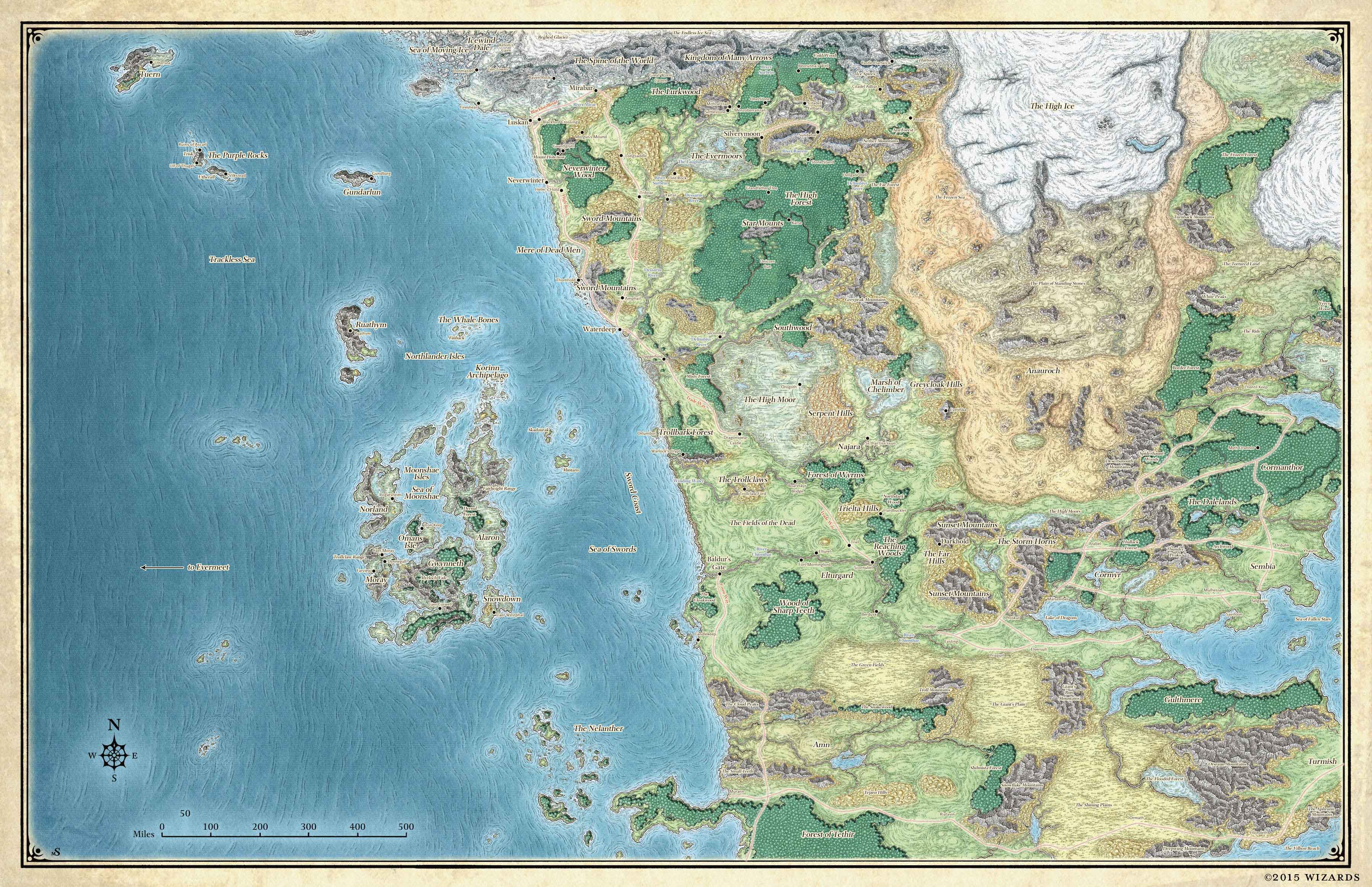 Northwest corner of Faerûn map in 12 pieces