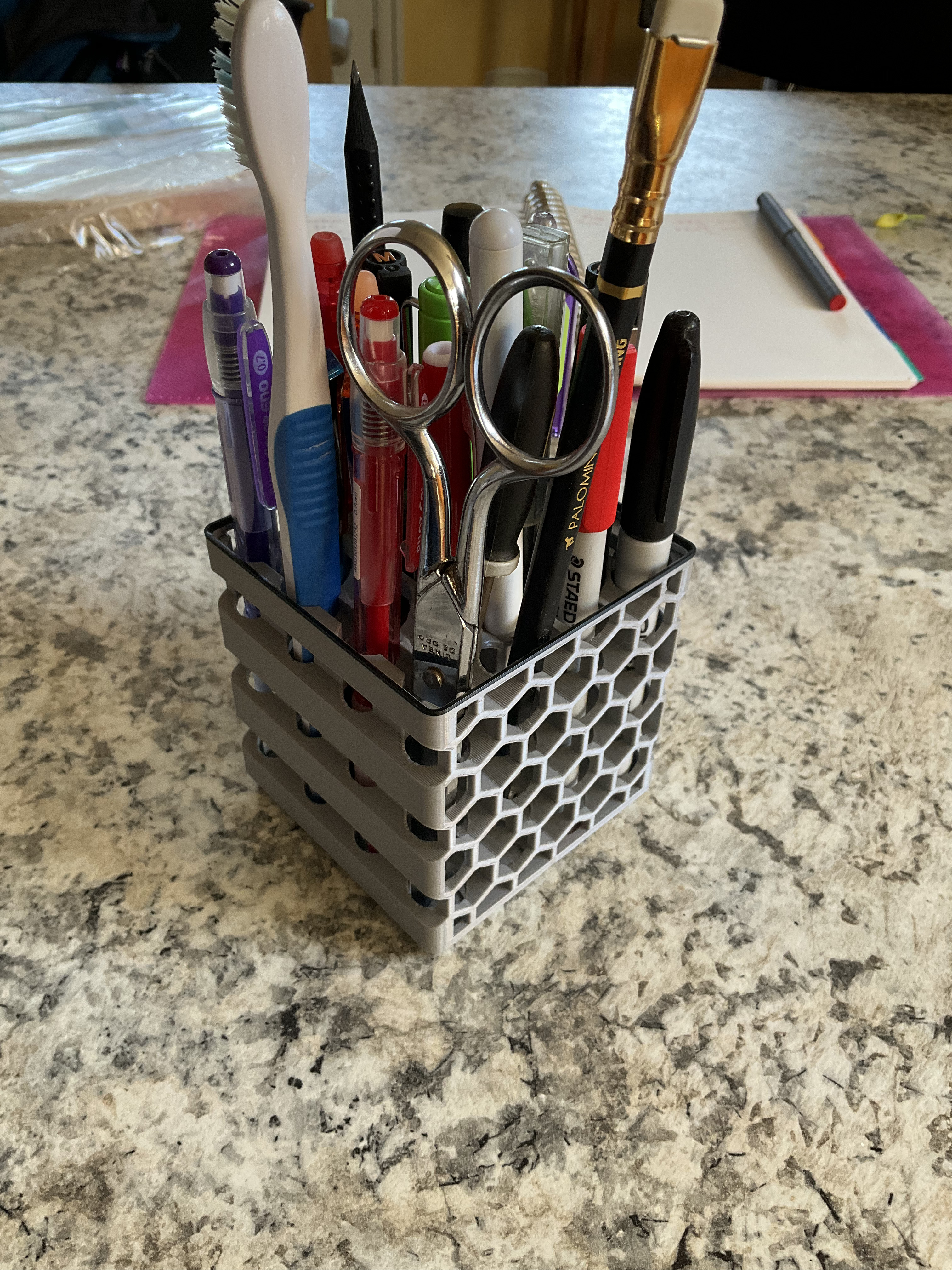pencil/pen holder with honeycomb pattern and gridfinity base