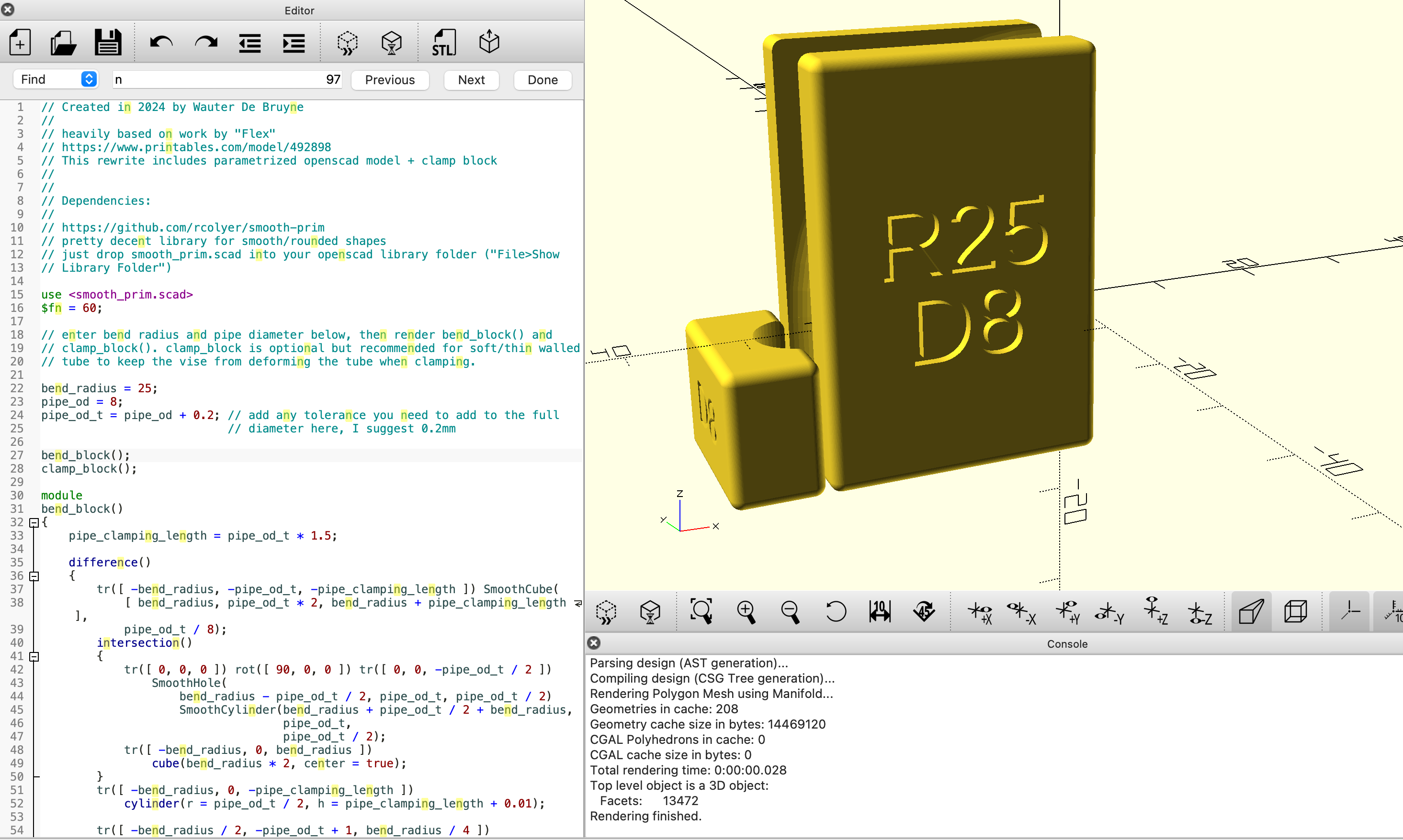 Simple Parametrized Pipebender (Openscad)