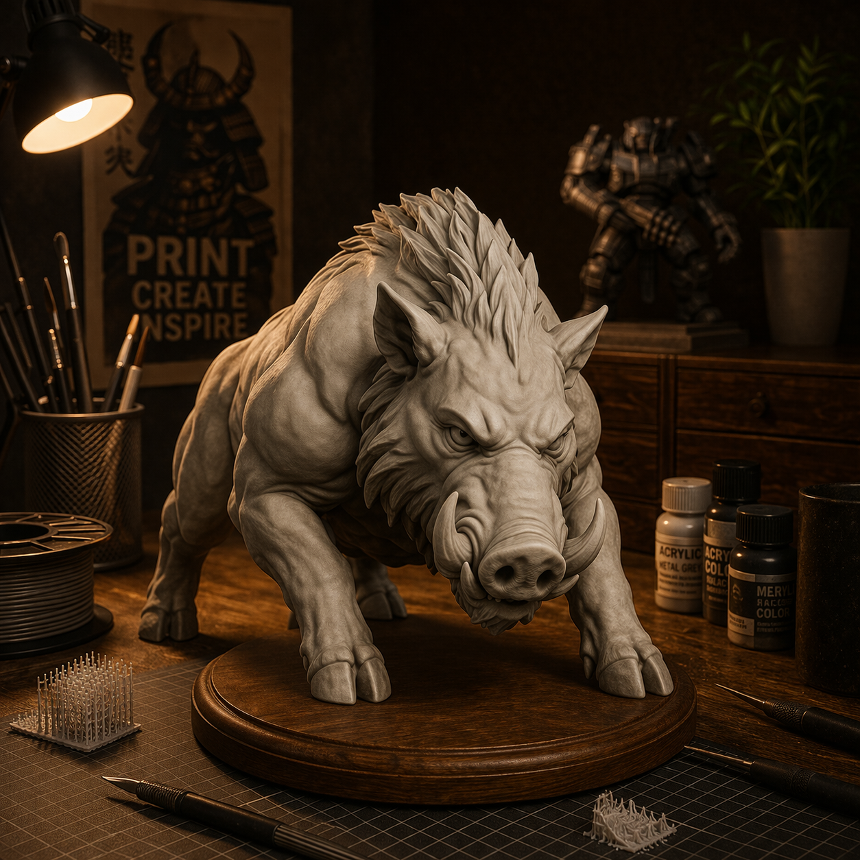 Wild Boar Sculpture (Aggressive Pose)