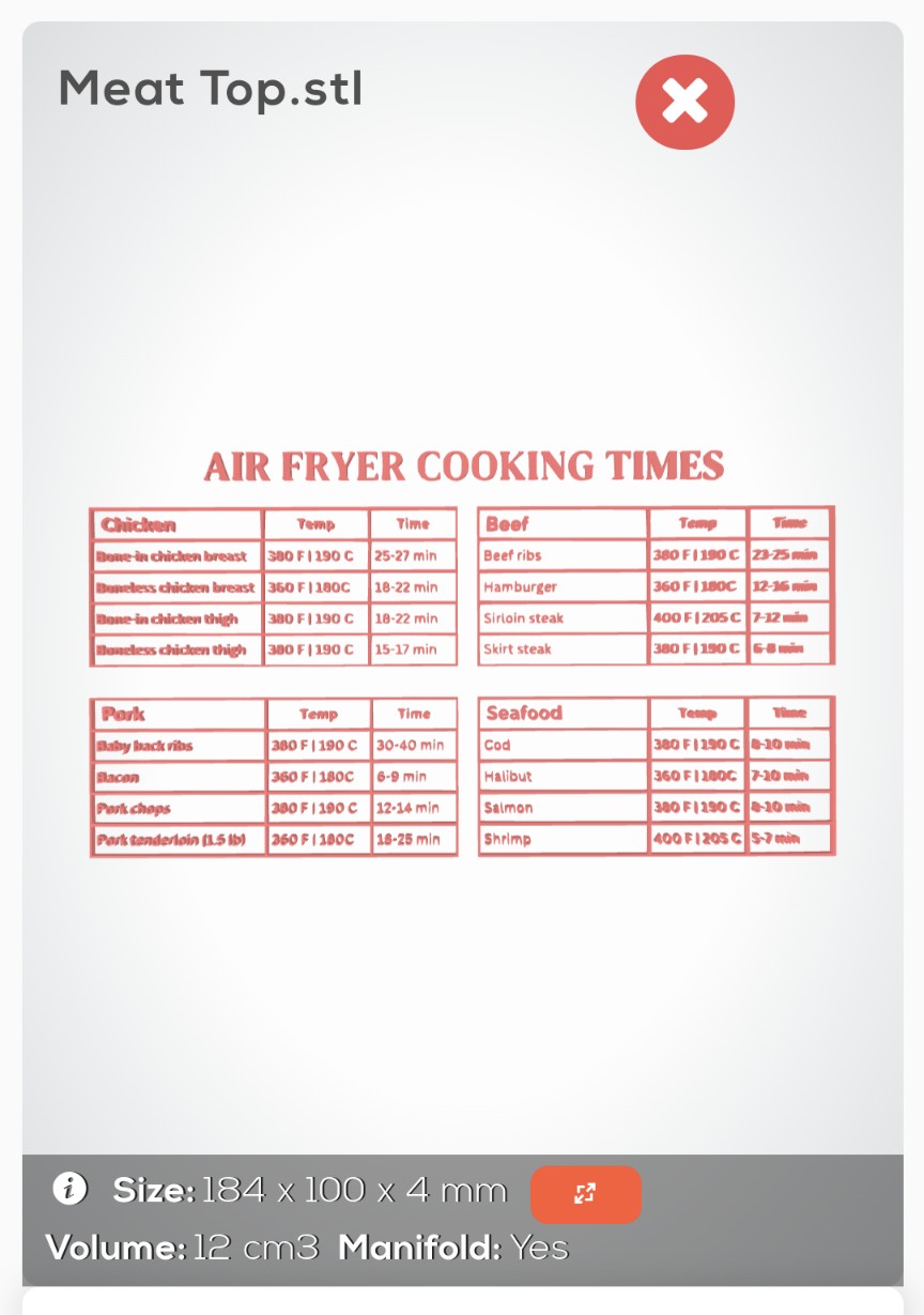 Air Fryer Cooking Chart (Meats) by Hendi25 | Download free STL model