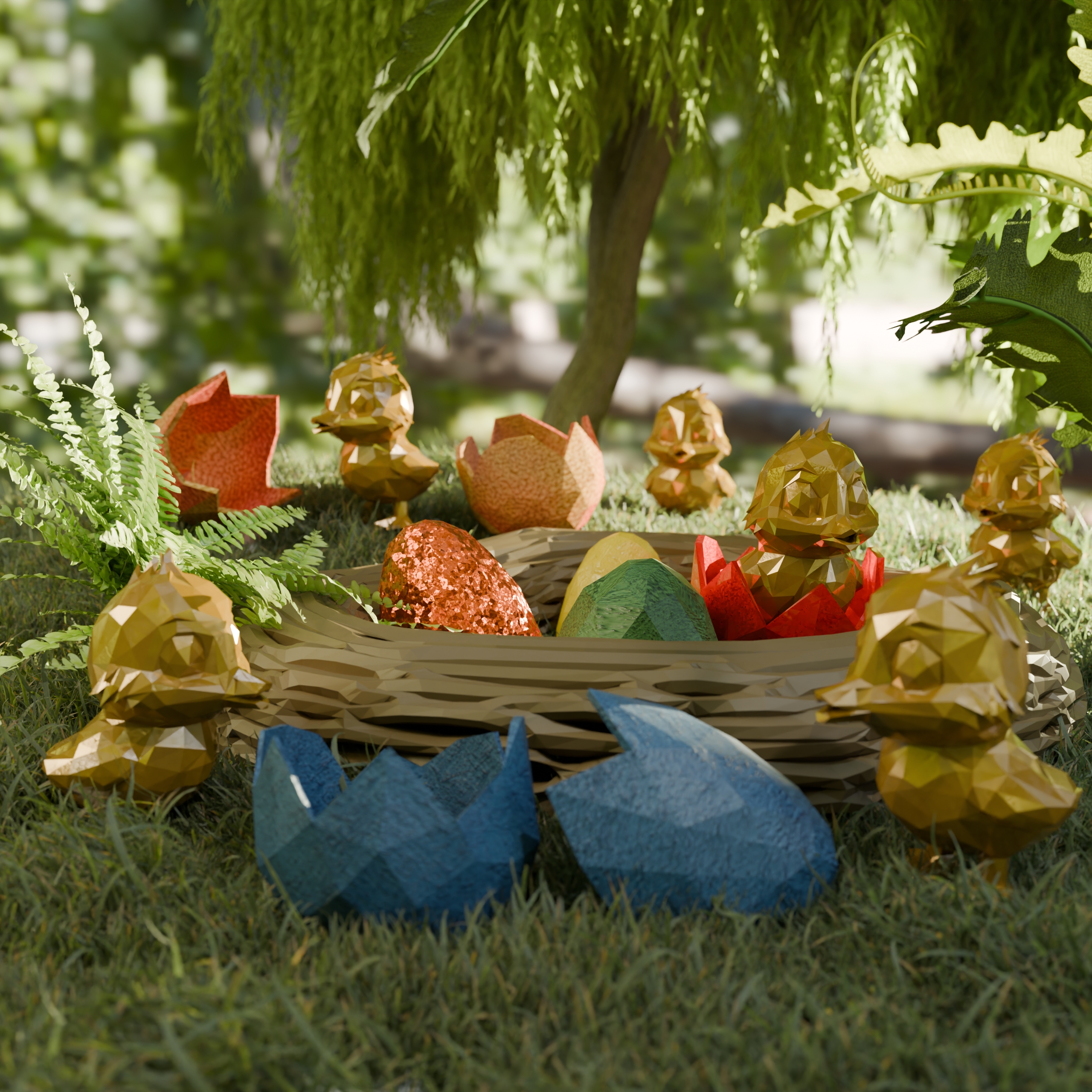 Cute Low Poly Easter Nest --> Nest + Egg + Broken Egg + 2 Chicks