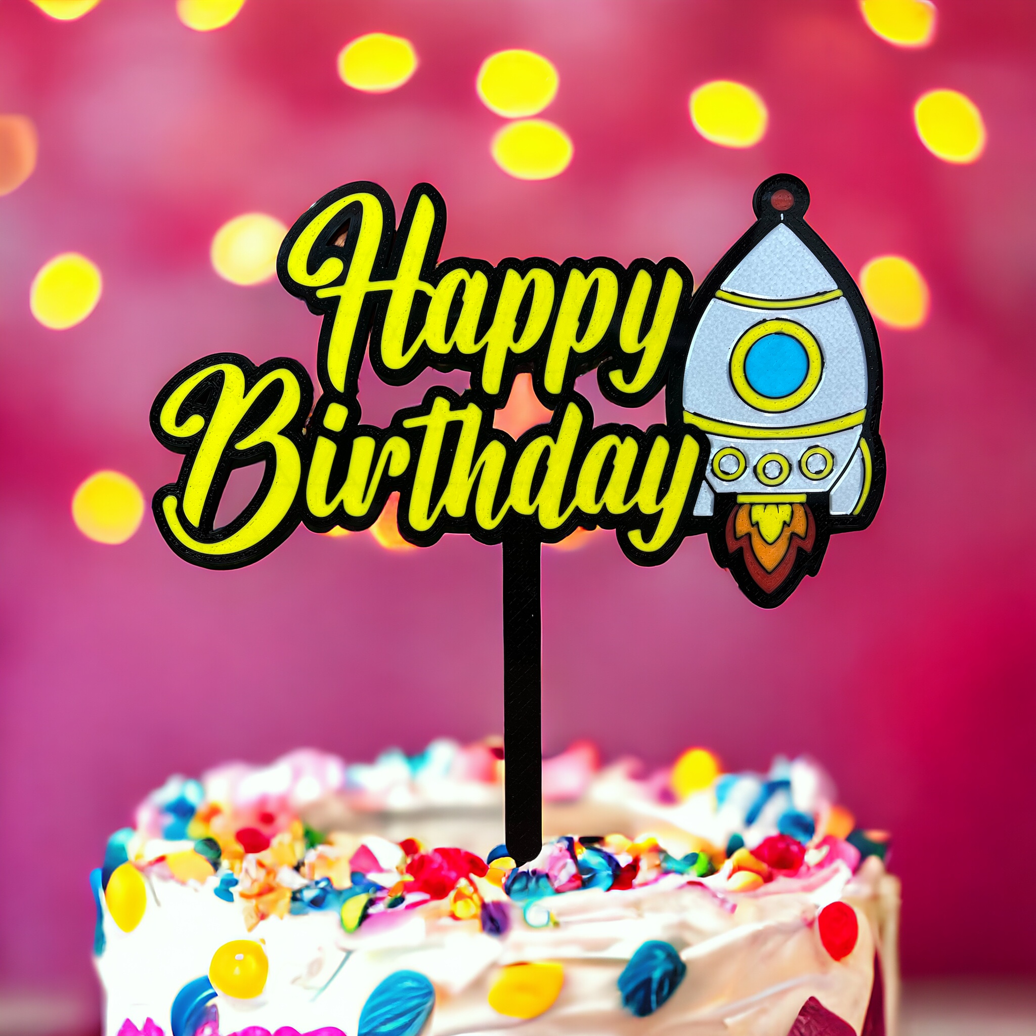 Full Color Spaceship Rocket Happy Birthday Cake Topper