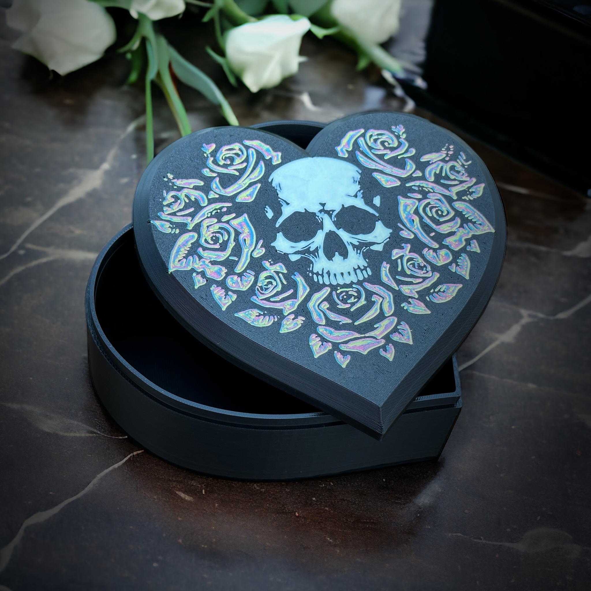 Heart-shaped Box with Skull and Roses