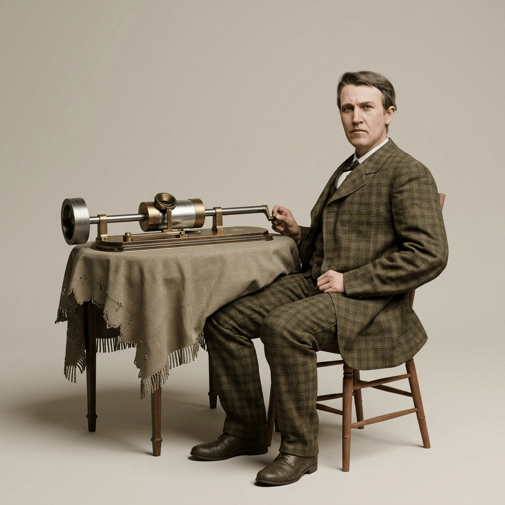 Victorian Art - Inventions - Thomas Edison with Tinfoil Phonograph