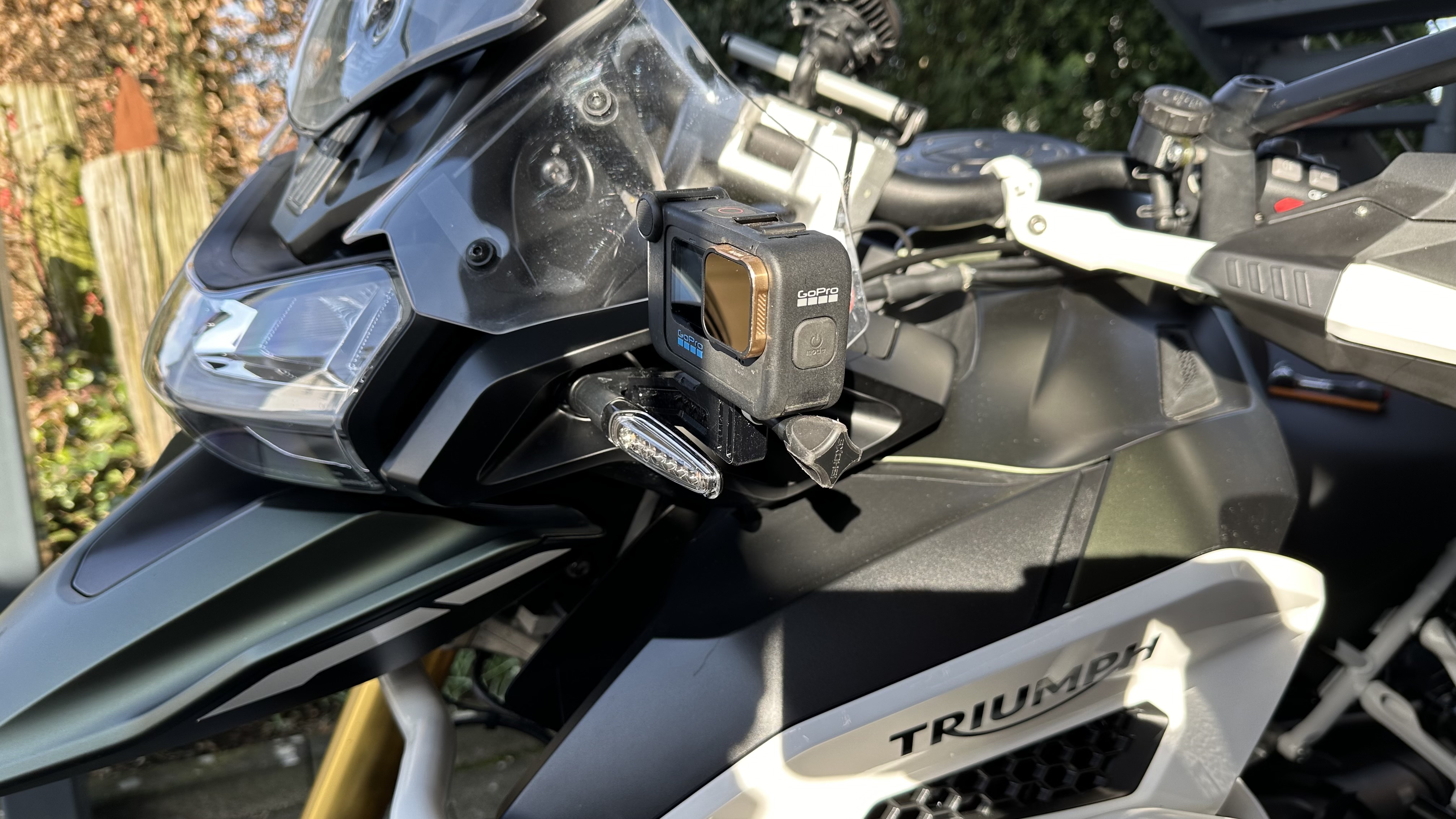 Gopromount on the indicator for motorcycle (Triumph Tiger)