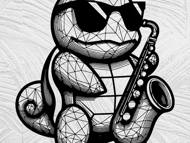 Flowing Line Art squirtle with sunglasses and sax