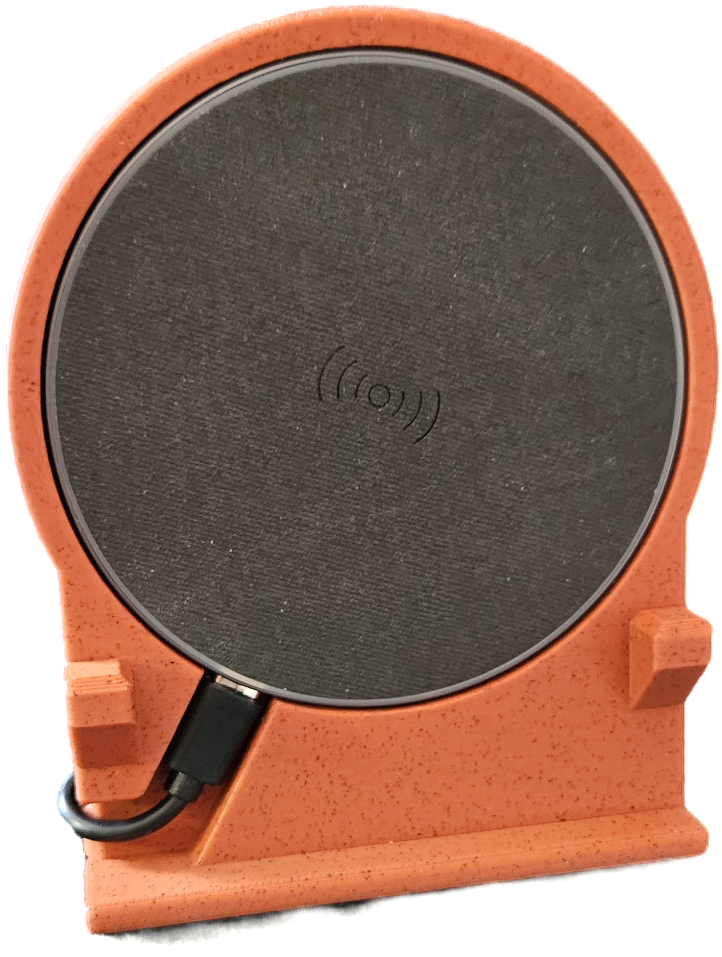 Desktop mobile phone holder for inductive charging.