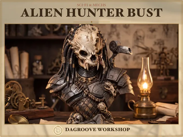 Alien Hunter Bust Sculpture, Sci-Fi Desk Decor