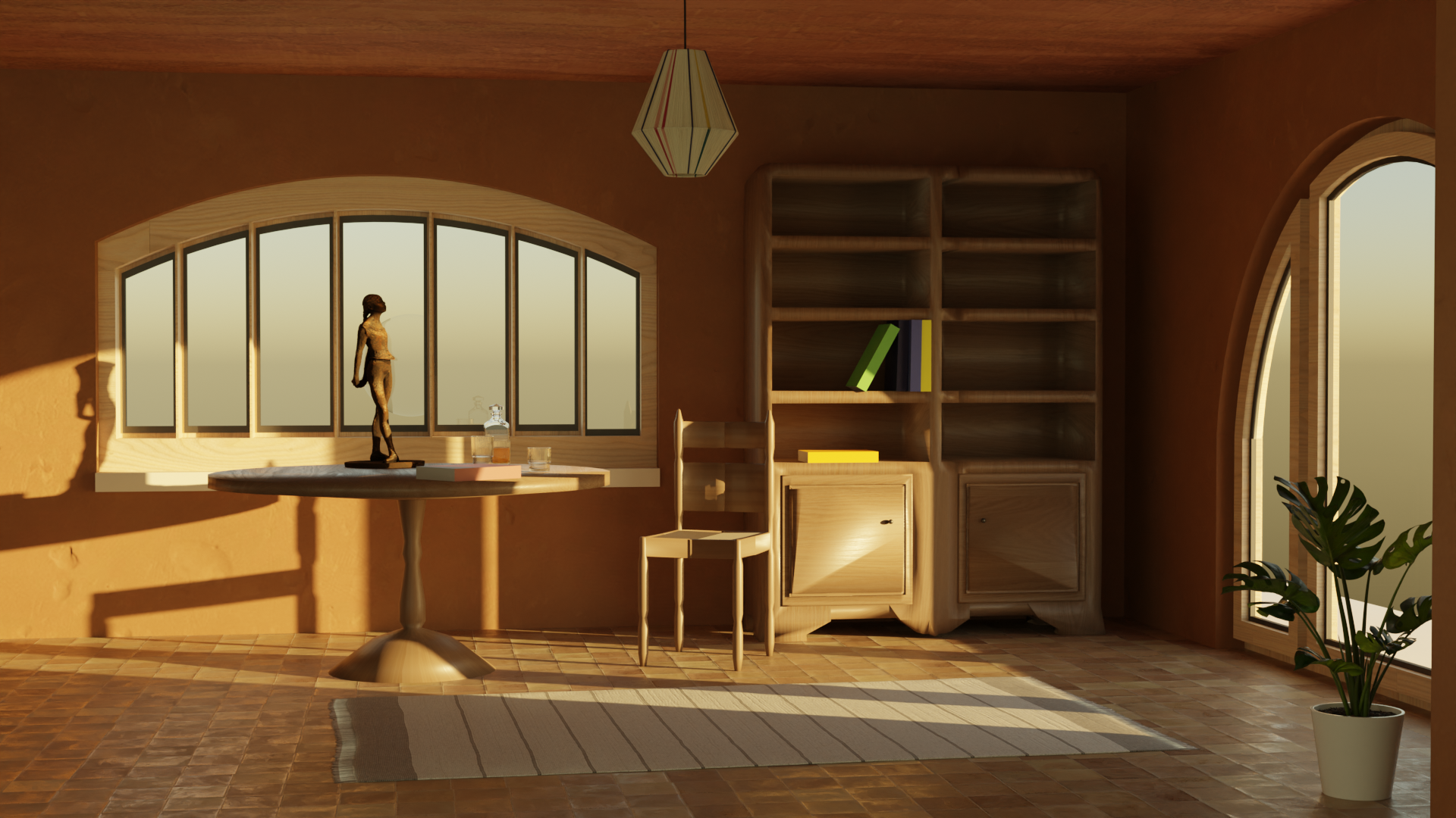 Dining room scene with sculpture replica at the morning