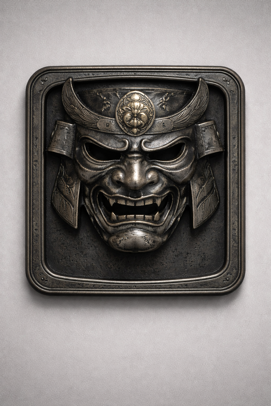 Samurai Menpō Mask Wall Plaque (One-Piece Framed Bas-Relief) – 1 Plate