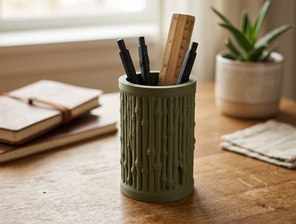 Textured Bamboo Desk Organizer and Pencil Cup