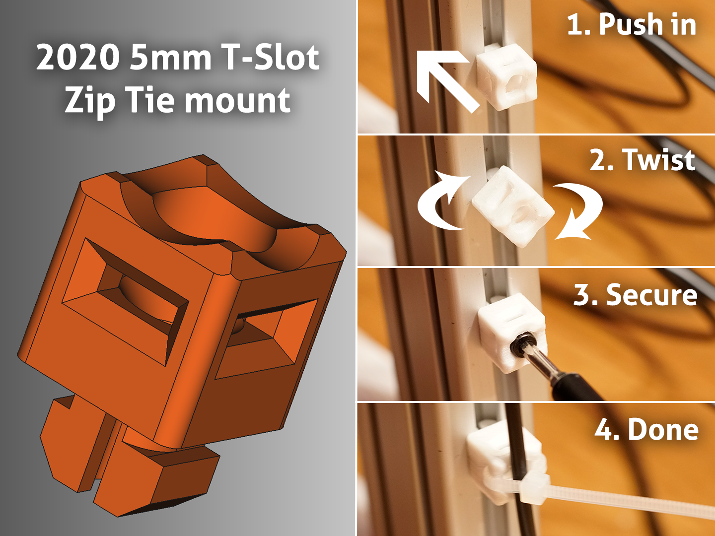 2020 5mm T-Slot ZipTie mount - twist in