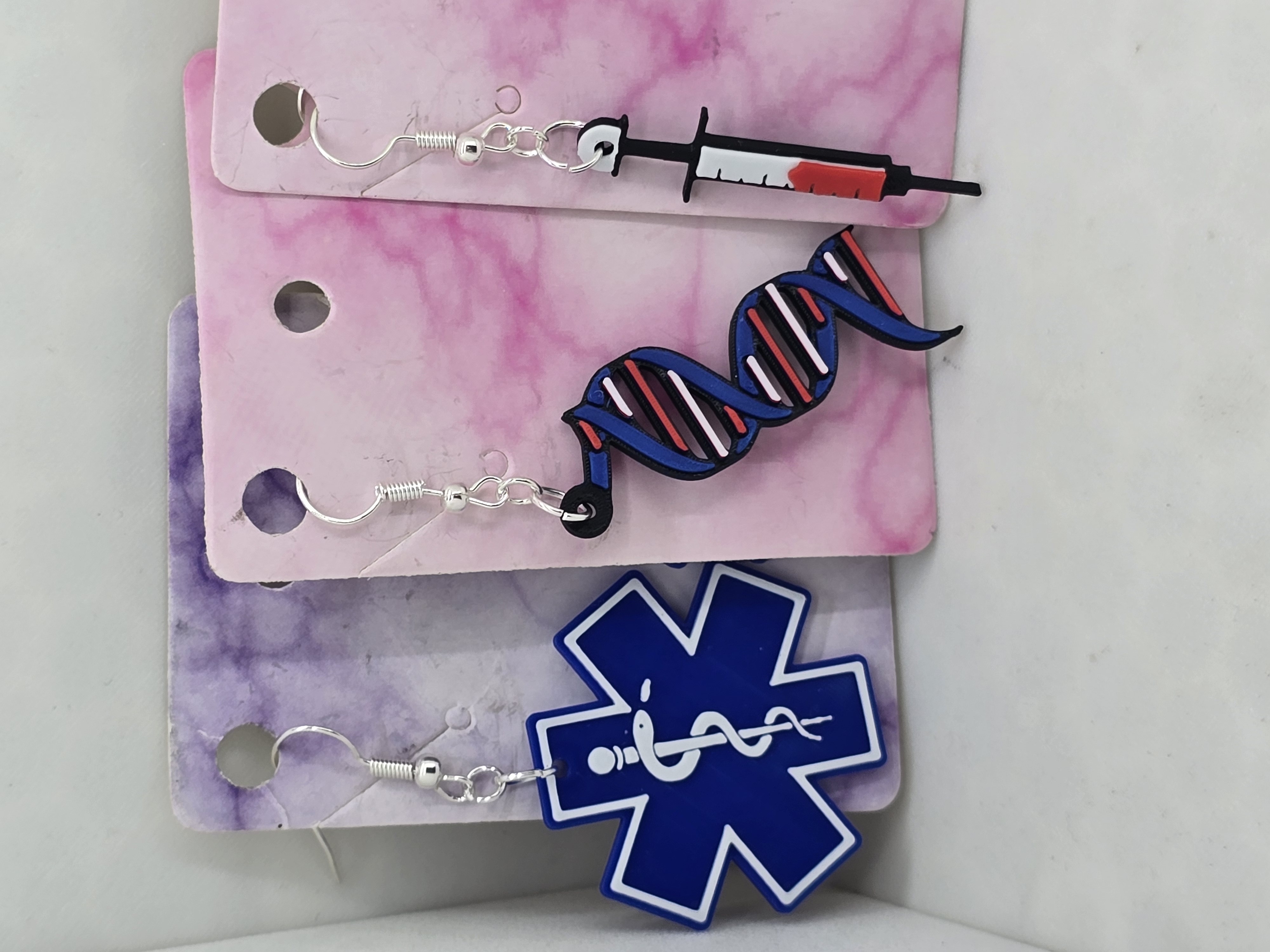 Caduceo, DNA, Syringe Earrings
