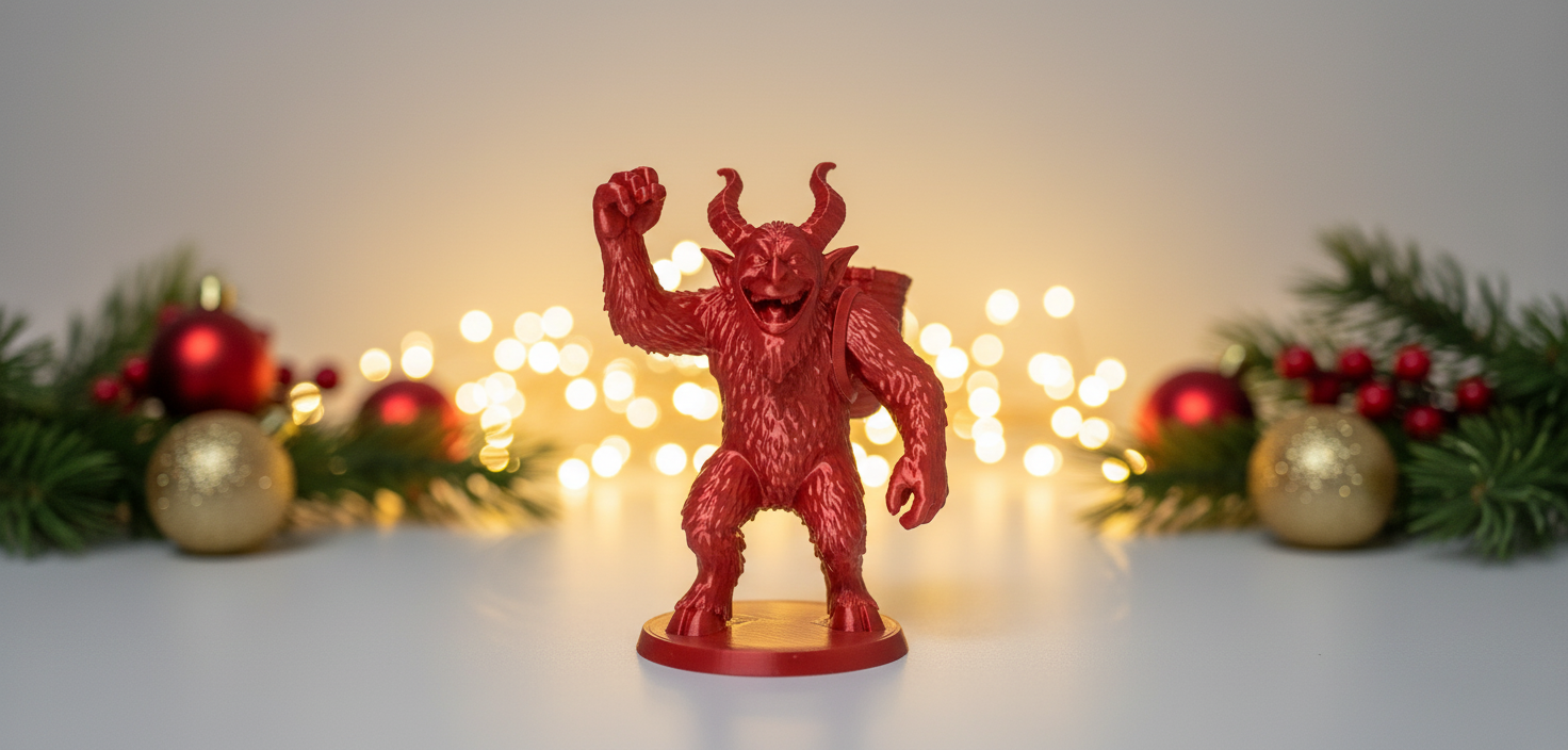 Red Furry Krampus with Backpack Christmas Figure