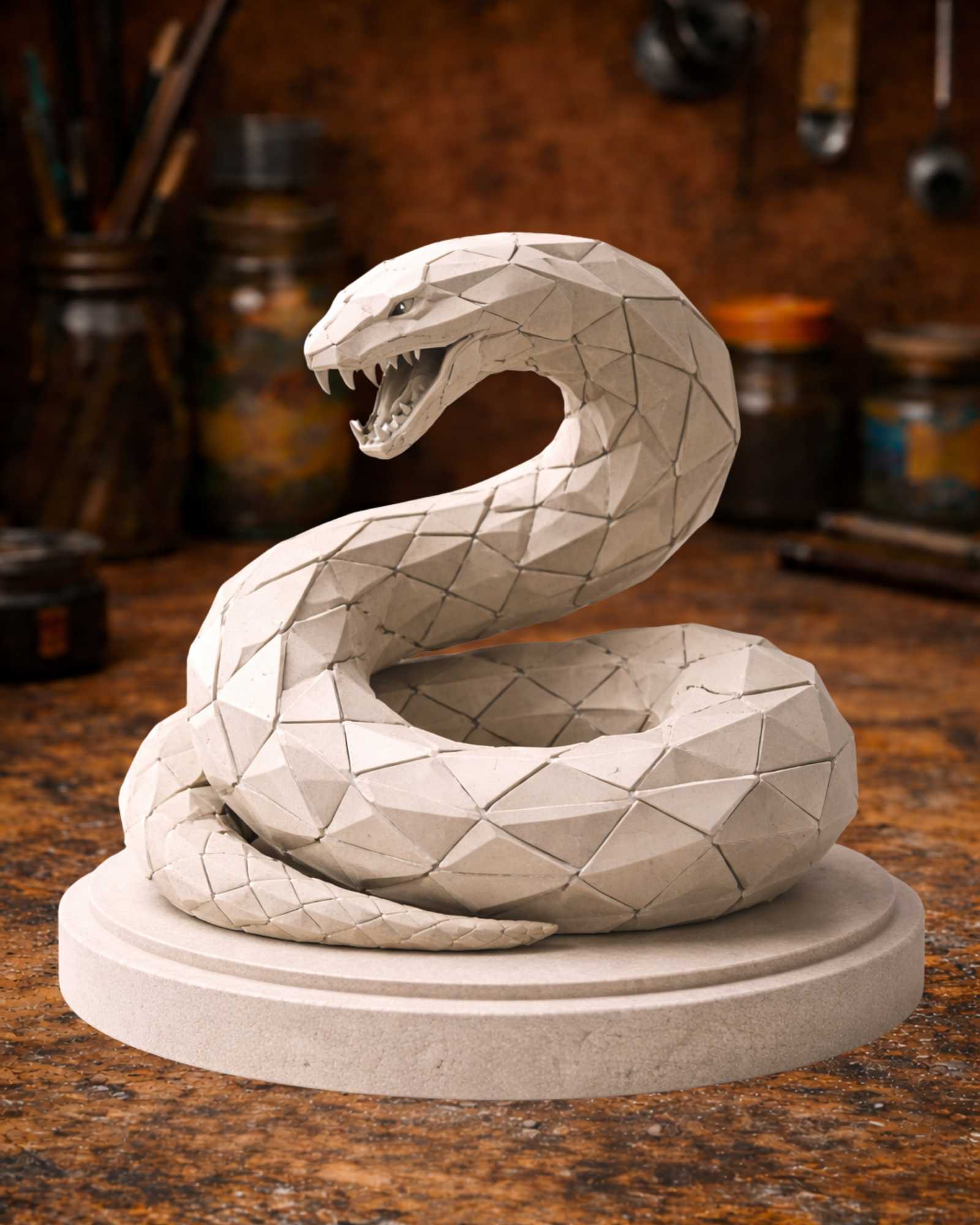 Low Poly Snake Sculpture – Geometric Serpent Statue