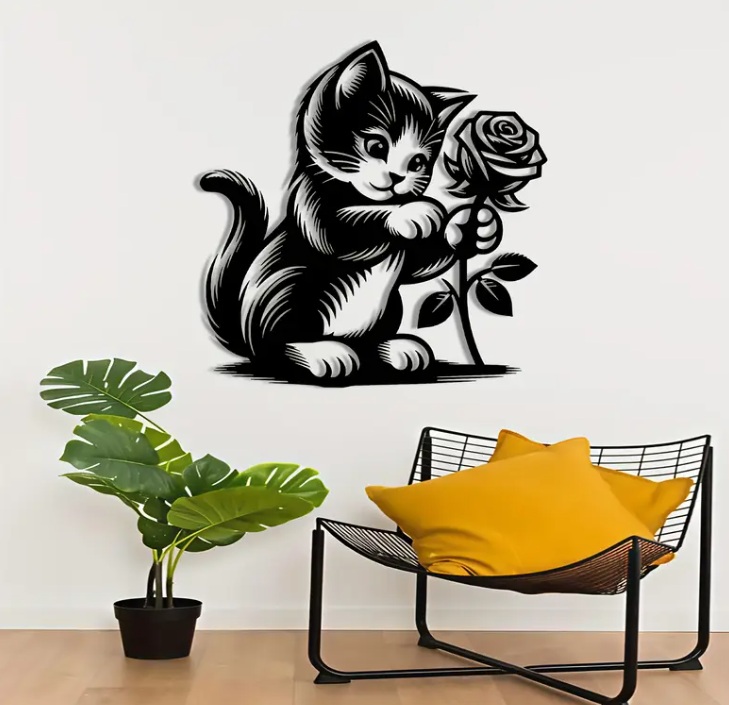 Cat with Floral Wall Decor