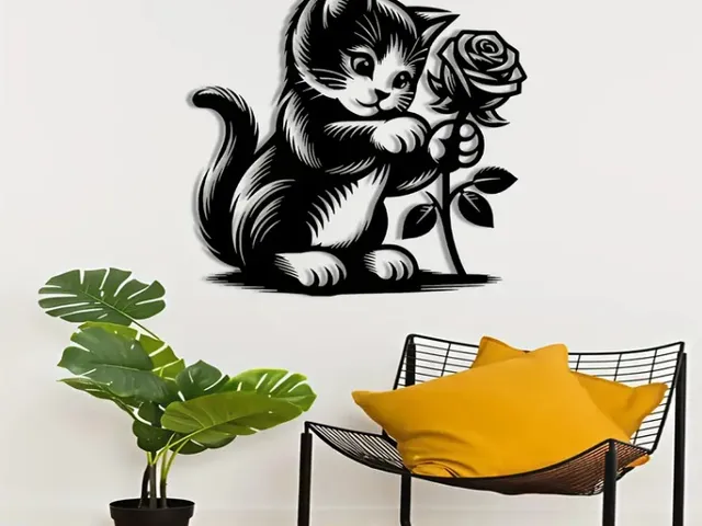 Cat with Floral Wall Decor