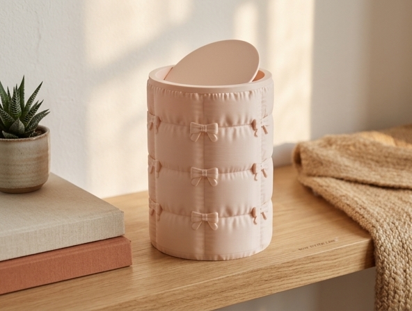 Bow Puffer Trash Can with Quilted Texture