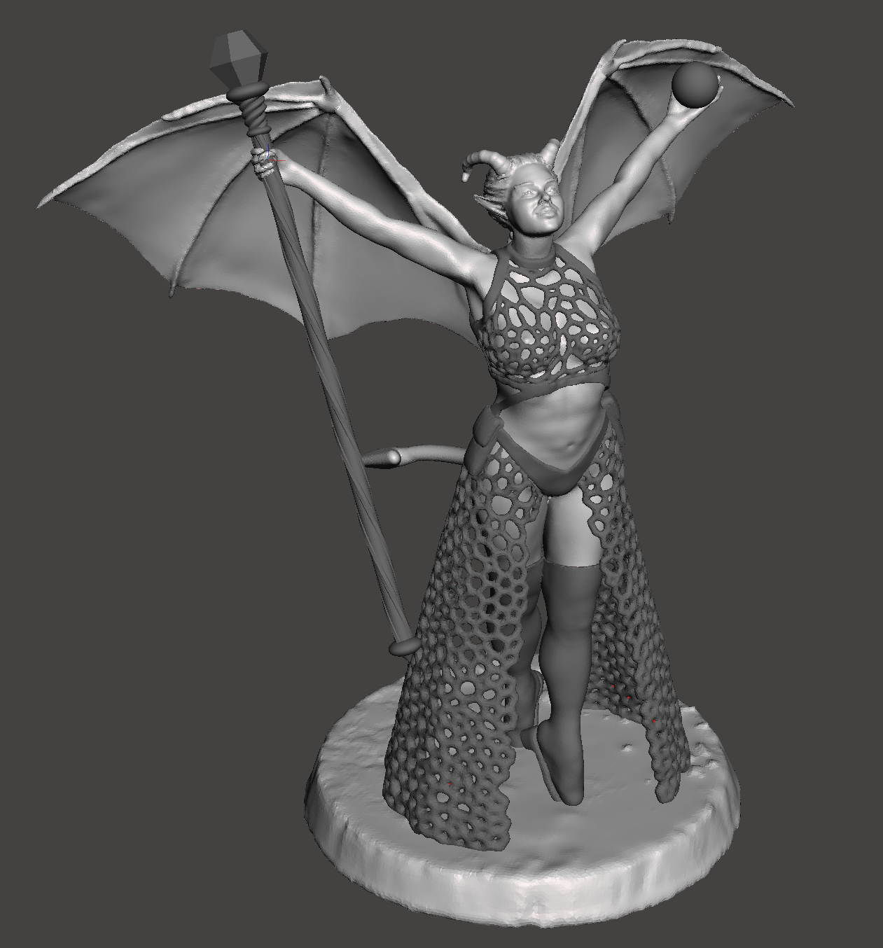 Fishnet-Wearing Winged Female Tiefling Sorcerer w/ staff, ball - incl. supported model
