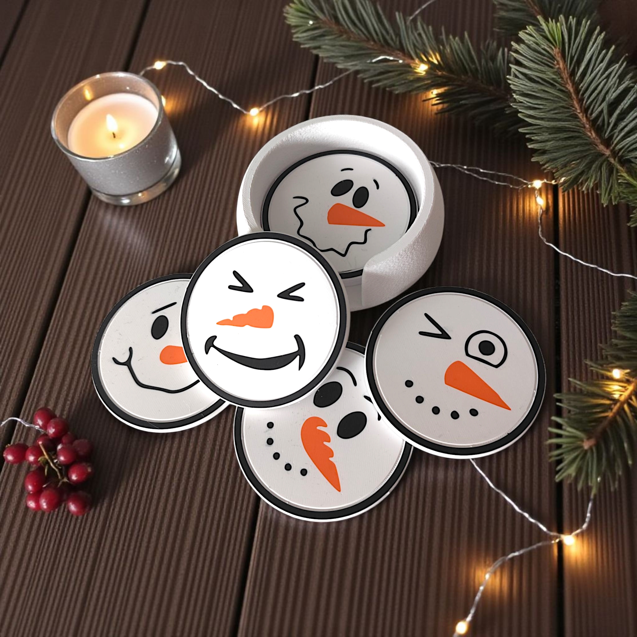 Funny snowman coasters with holder (six faces)