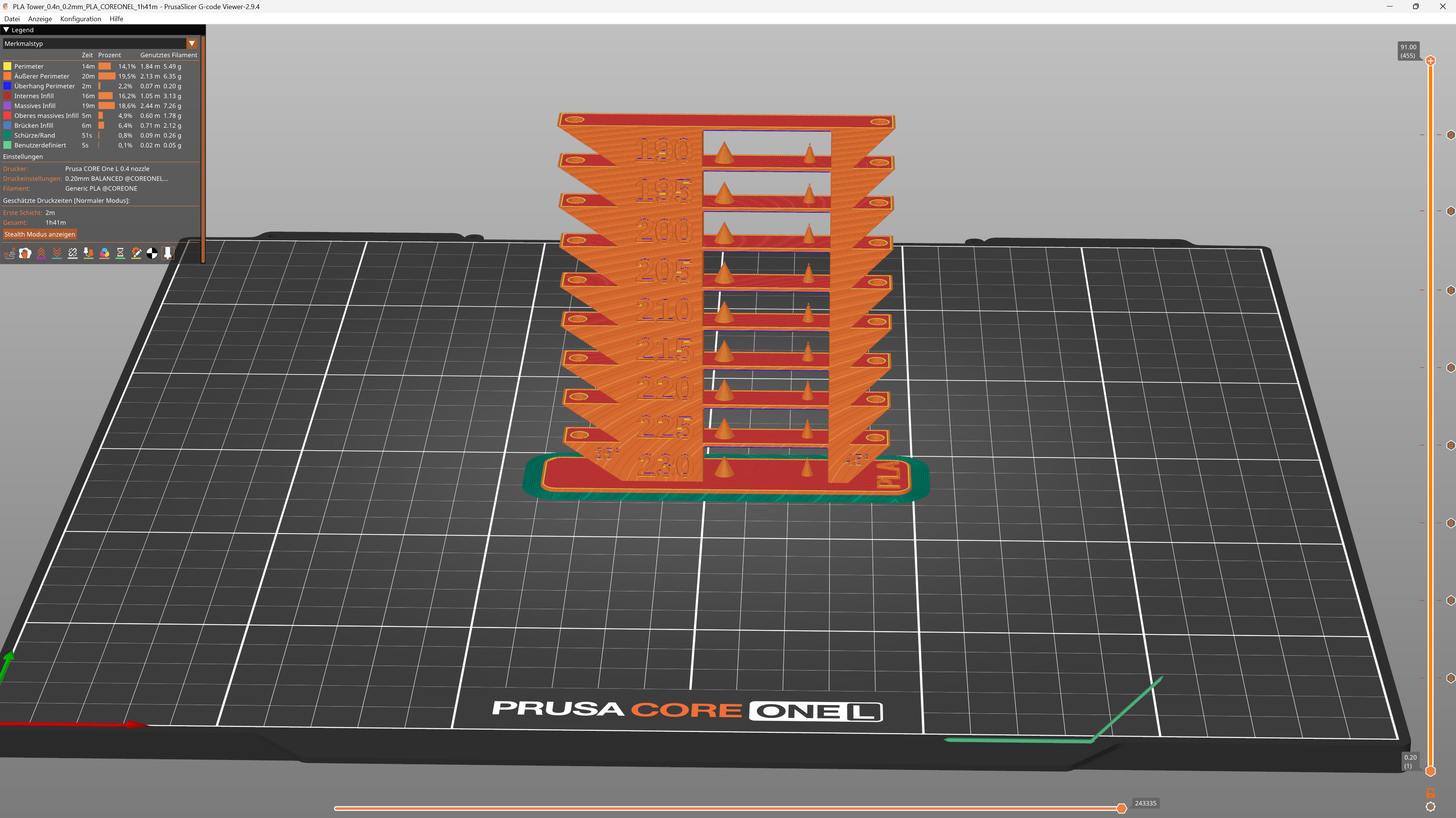 Core One Temperature and Bridging Tower PLA/PETG/TPU