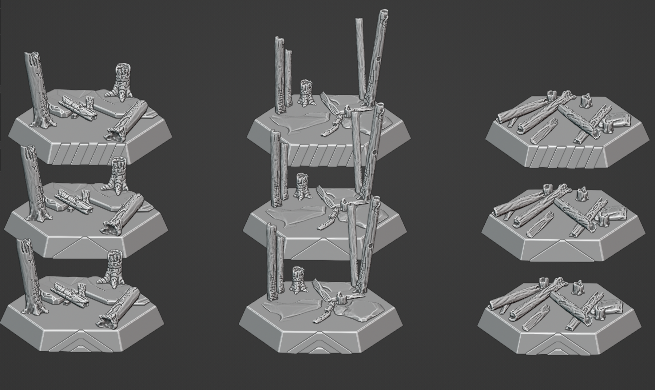 Hex Bases Burned Forest SET 2 with front indicator for battletech etc.
