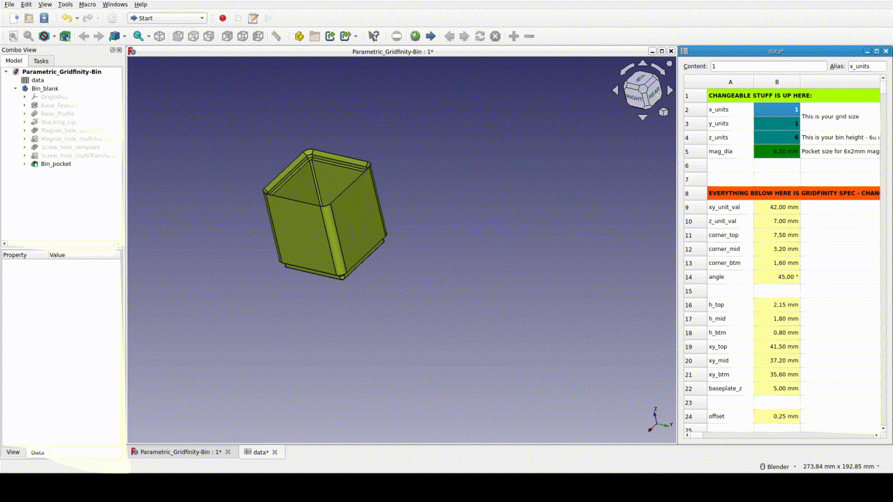 A better parametric FreeCAD Template for Gridfinity Bins and Baseplates