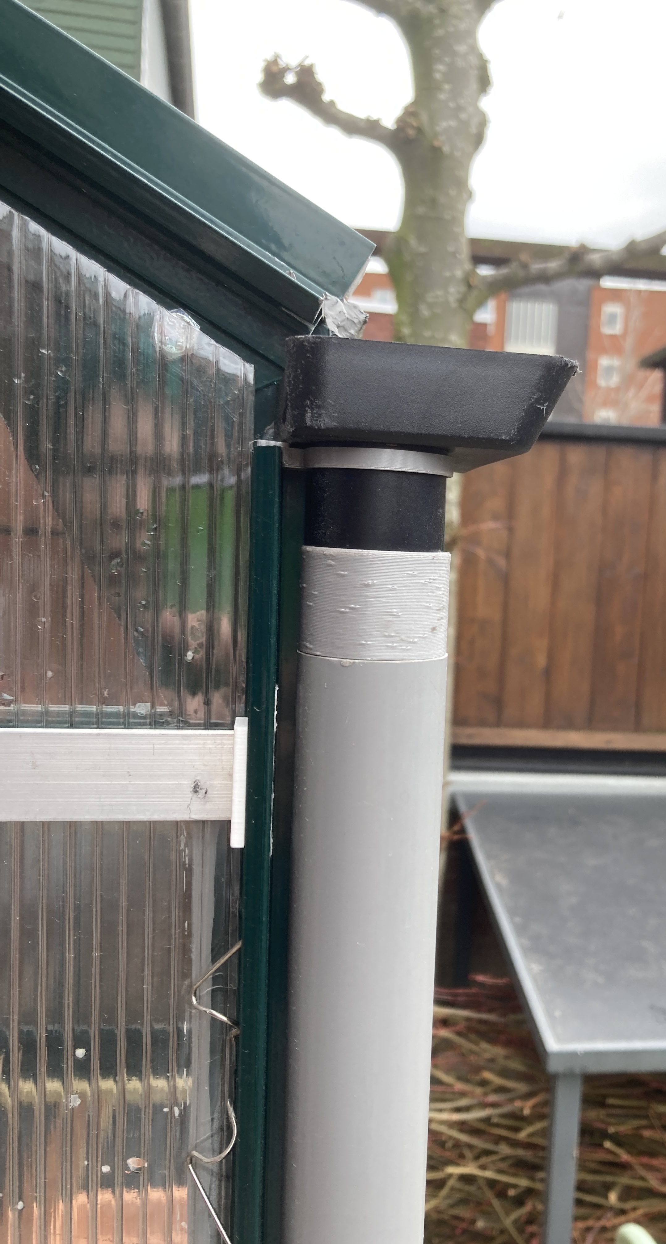 GreenHouse storm proofing (adapter clips for rain pipe and siding)