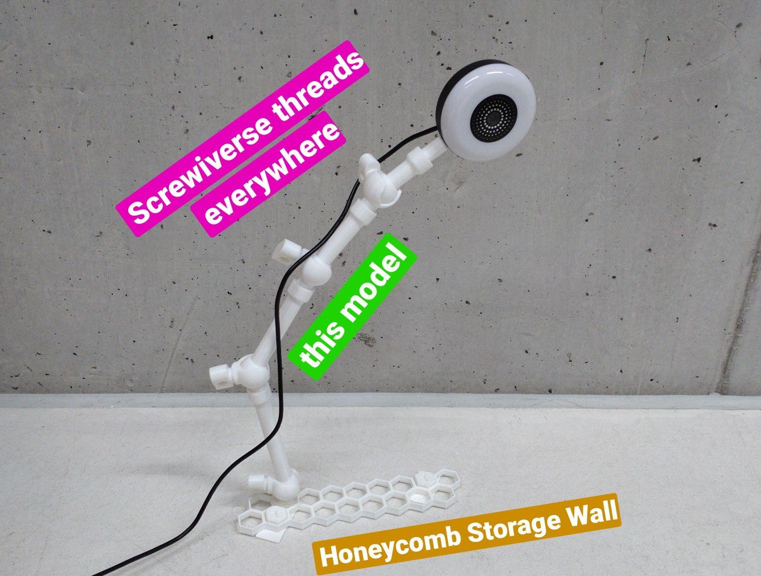 Screwiverse Articulated Arm for Honeycomb Storage Wall