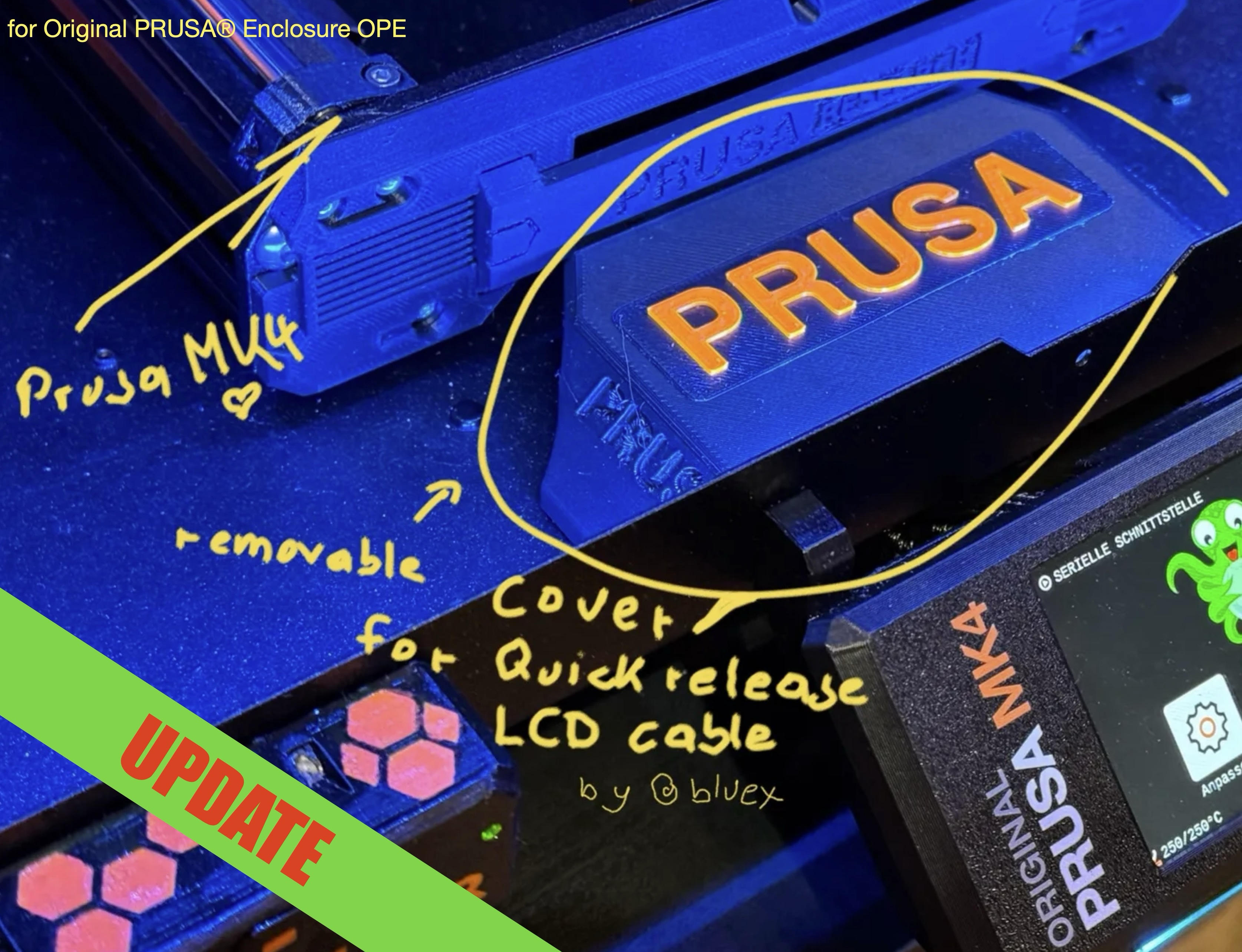 Removable COVER for LCD-Quick release cable (MK4 or MK3 with Original Prusa enclosure.  -    (UPDATE 10/24)