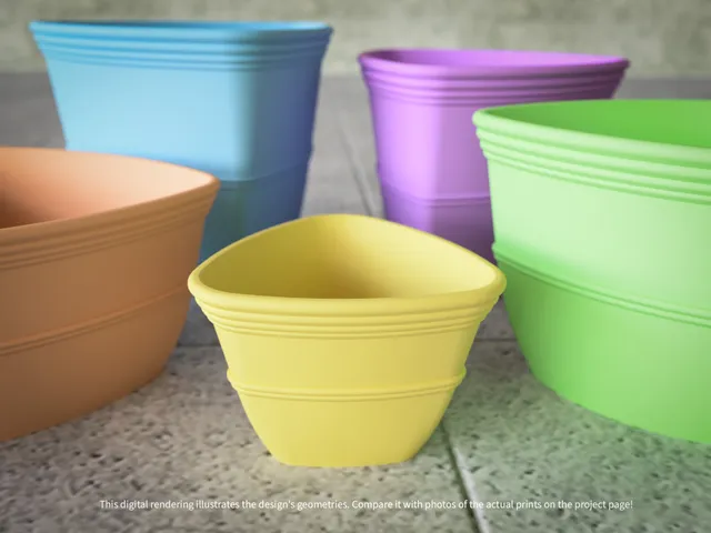 Soft Rounded Triangle Flower Pots with Decorative Rim and Lines