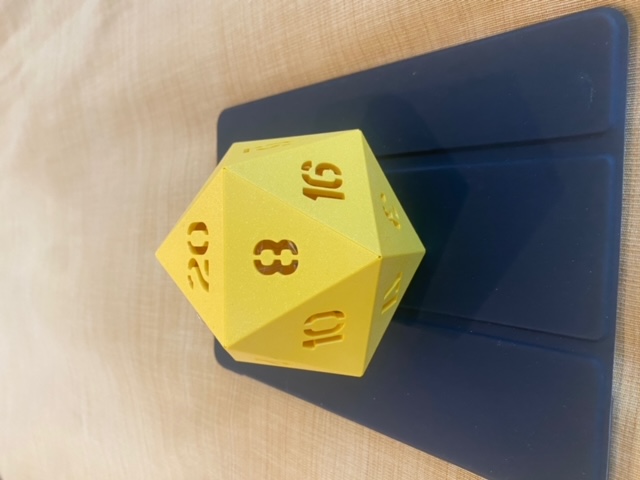 Print flat and assemble this D20 die. About 5-6 inches when complete ...