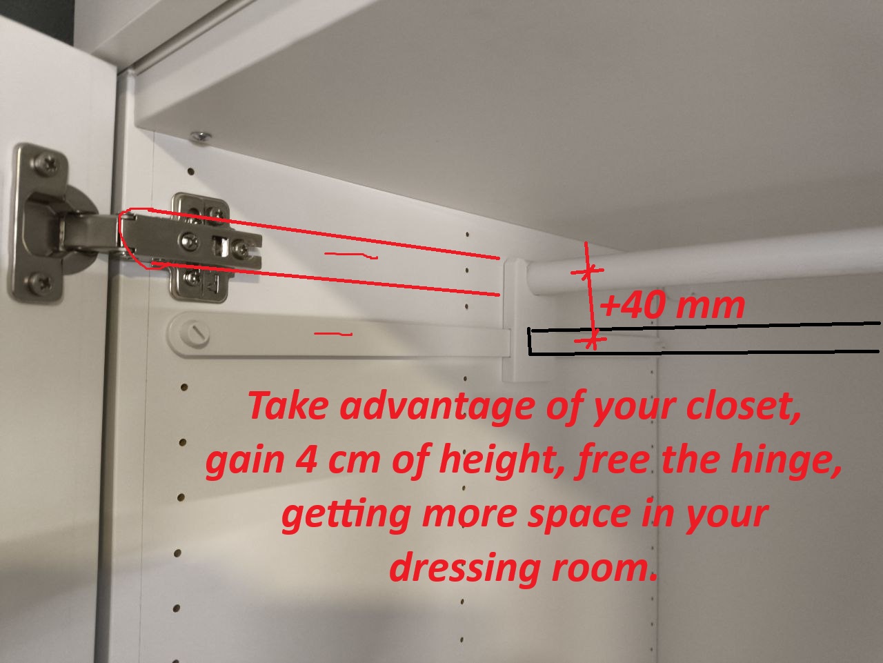Hack Ikea HJALPA +40 mm gain space closet bar.