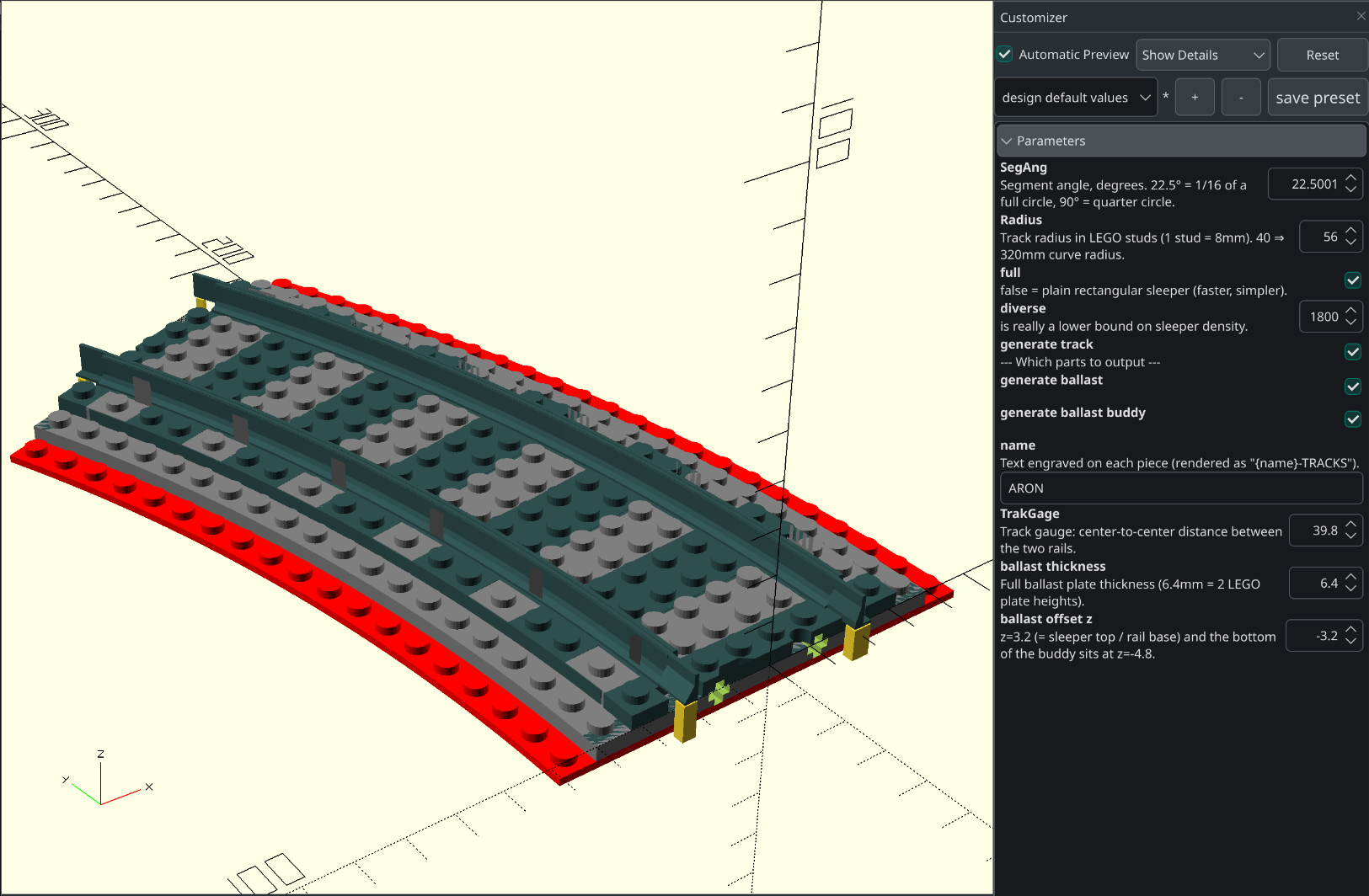 LEGO Compatible Parametric Ballasted Curves