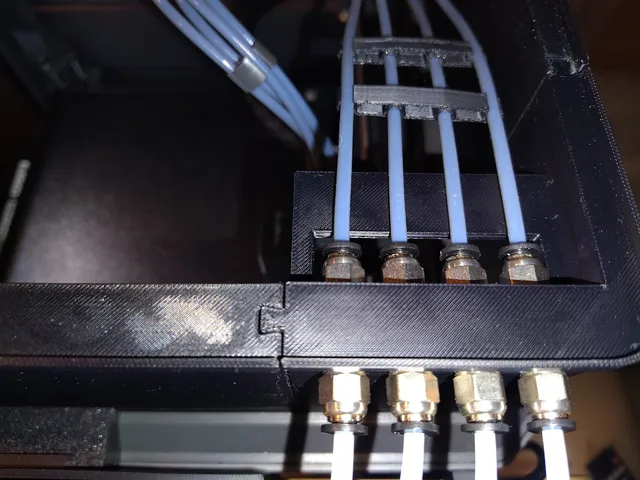 Rear right corner w/ added inner PTFE tubes shelf (to keep the inner 4 x PTFE tubes straight and level at connectors exit, to avoid jams there) for CC1 Canvas Relocation & Riser project (replaces "AEE_45_Deg_Corner_RR_PTFE" no LED part in origin project)
