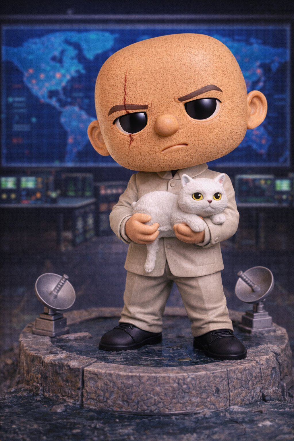 Cute Bald Villain with a White Cat
