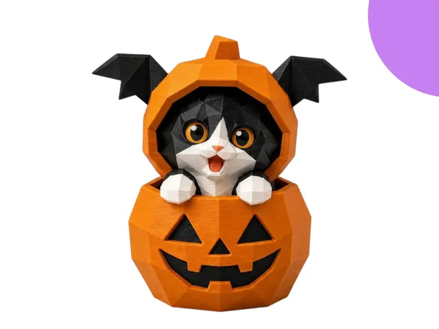 Low-Poly Halloween Pumpkin Cat Sculpture